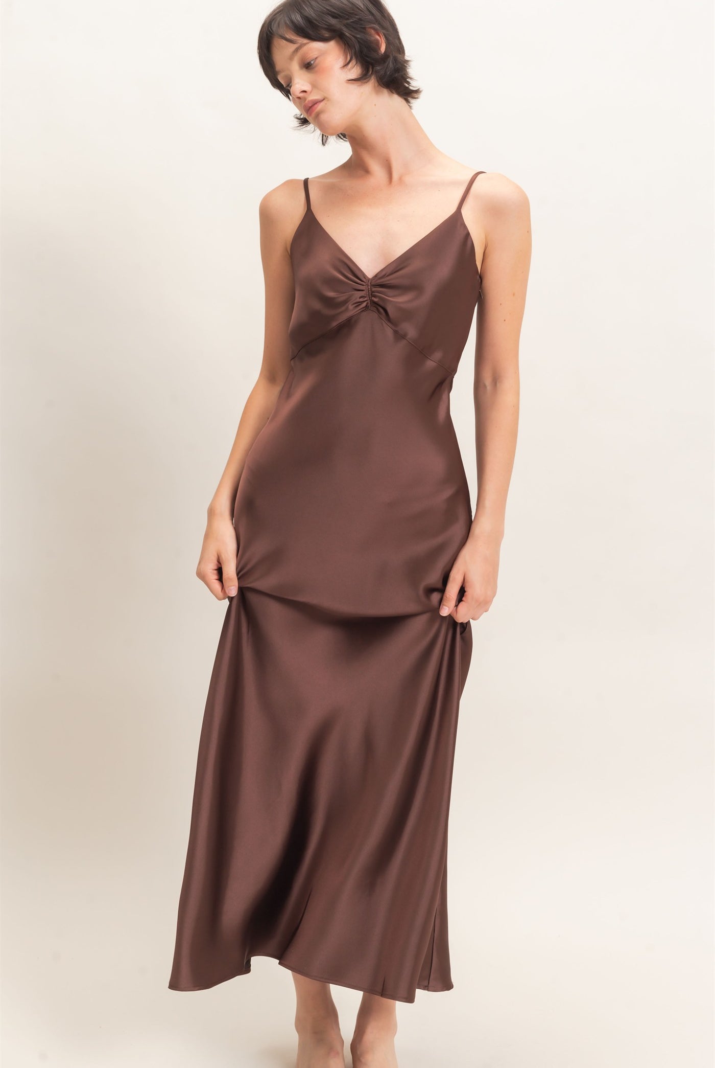 Wholesale Satin Slip Dress With Spaghetti Straps Dresses DZ26E380 DARK BROWN DOUBLE ZERO