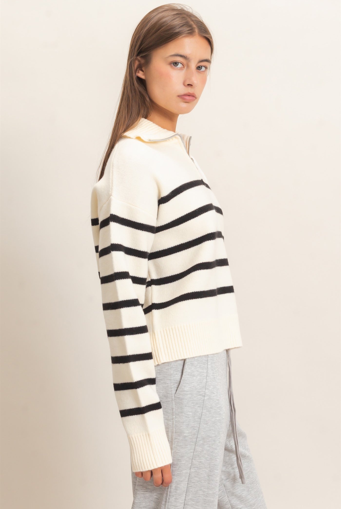 Wholesale Half-Zip Collared Stripe Sweater Sweaters DZ26E950 CREAM DOUBLE ZERO