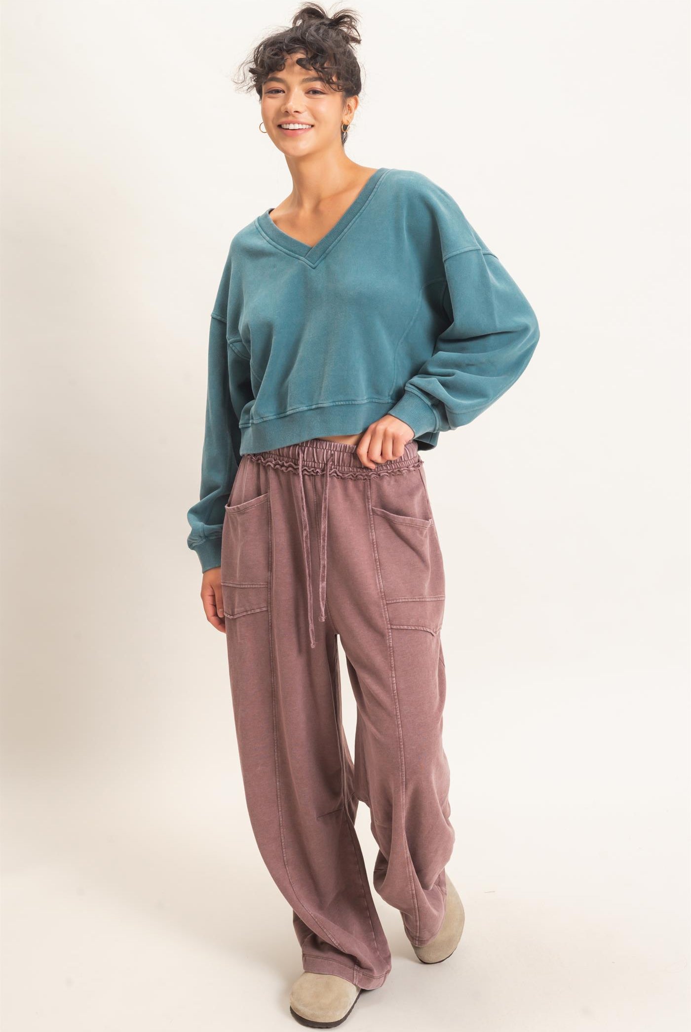 Wholesale Mineral Washed Barrel Sweatpants Pants DZ26F246 DARK BROWN DOUBLE ZERO