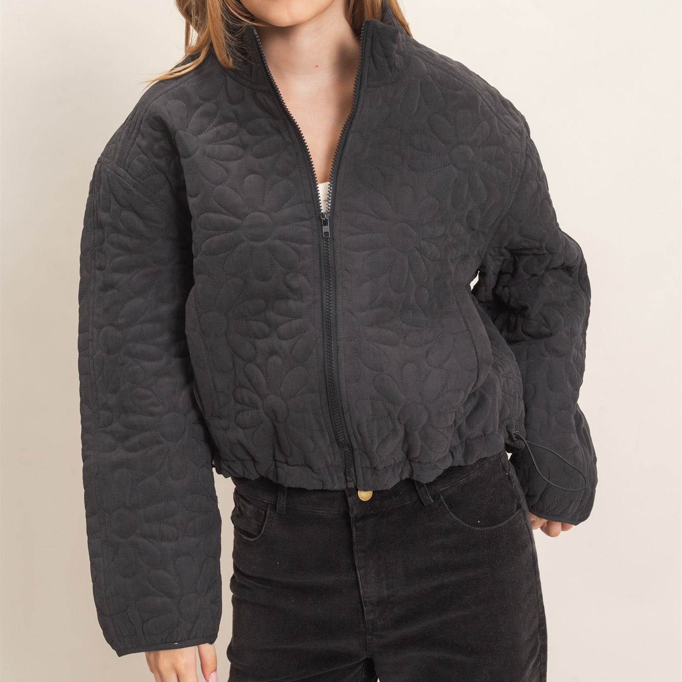 Wholesale Daisy Quilted Mock Neck Jacket Coats & Jackets HF26C821 BLACK HYFVE