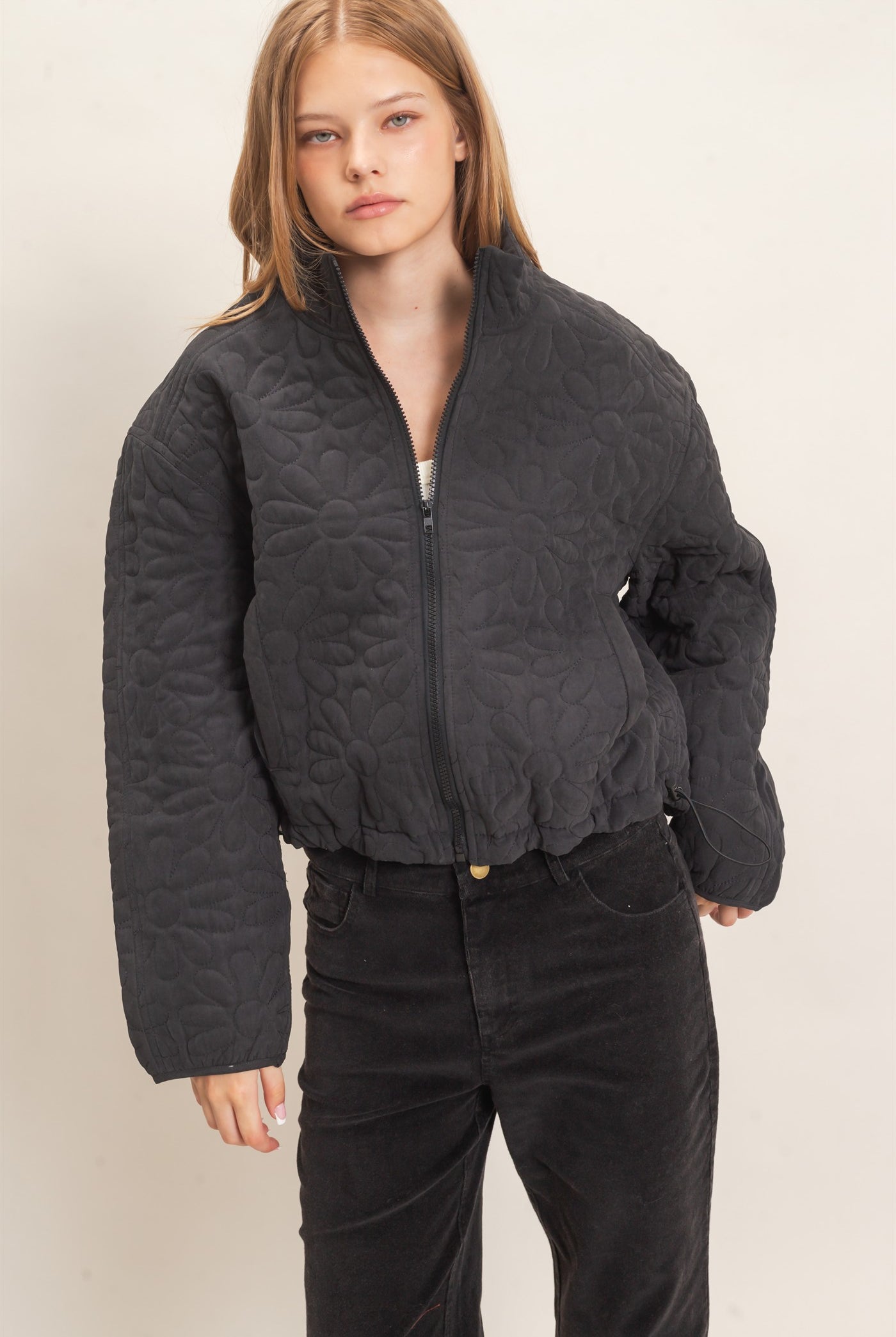 Wholesale Daisy Quilted Mock Neck Jacket Coats & Jackets HF26C821 BLACK HYFVE
