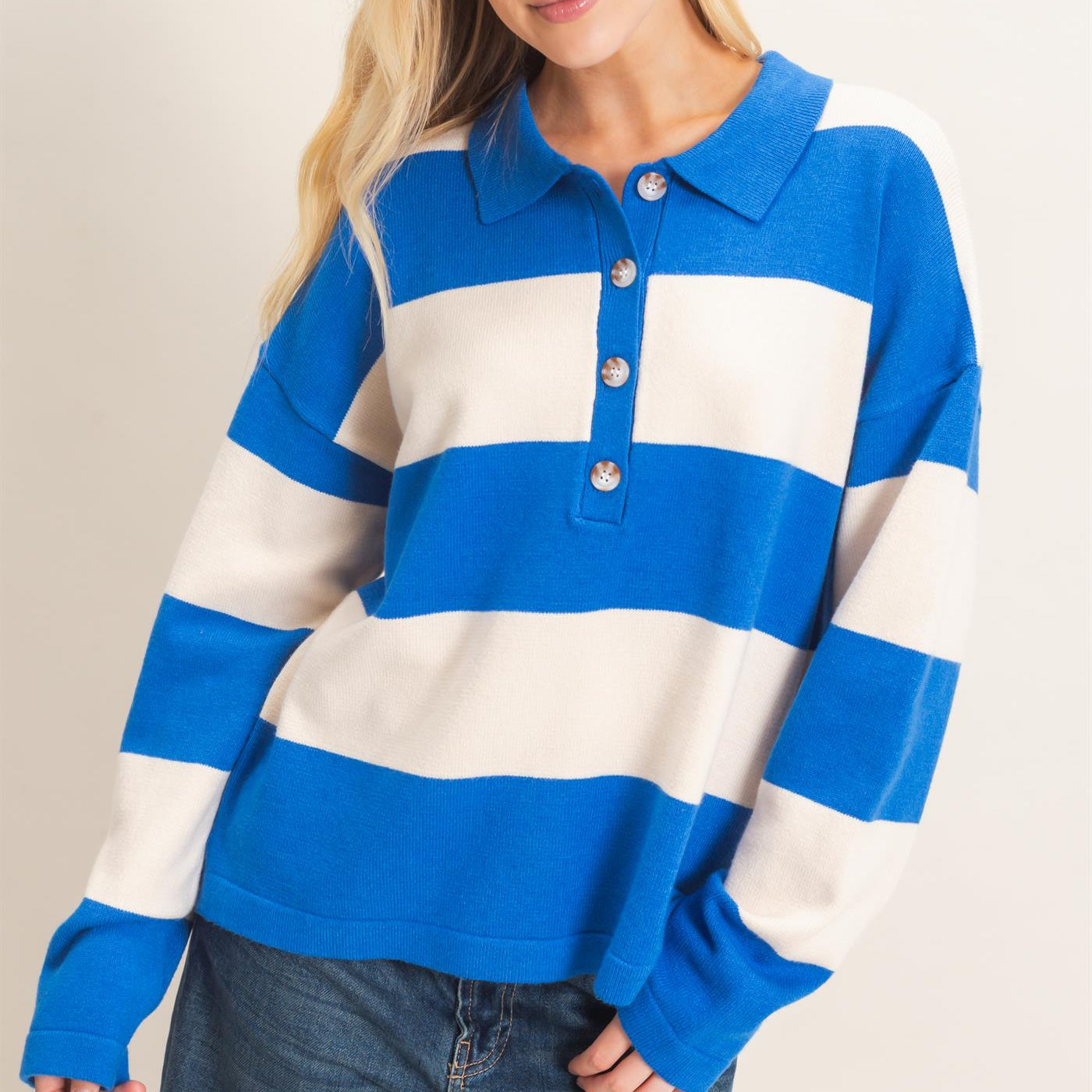 Wholesale Striped Button-Up Sweater Sweaters HF26F198 BLUE HYFVE