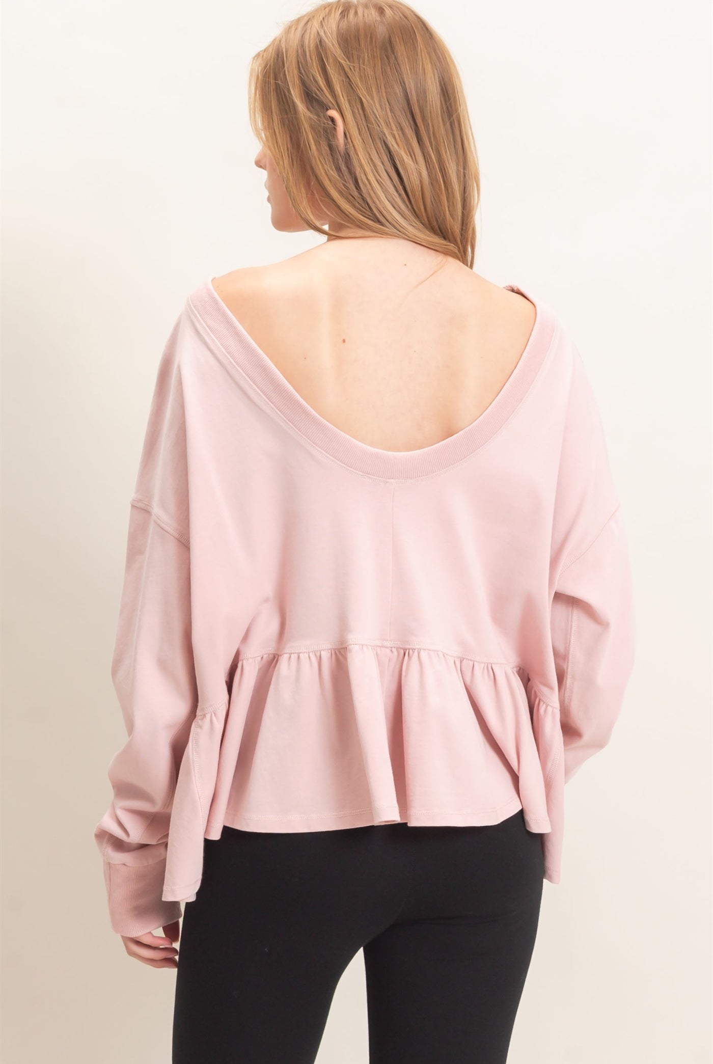 Wholesale Ruffled Hem Long Sleeve Top Clothing Tops HF26E065 PALE BLUSH HYFVE