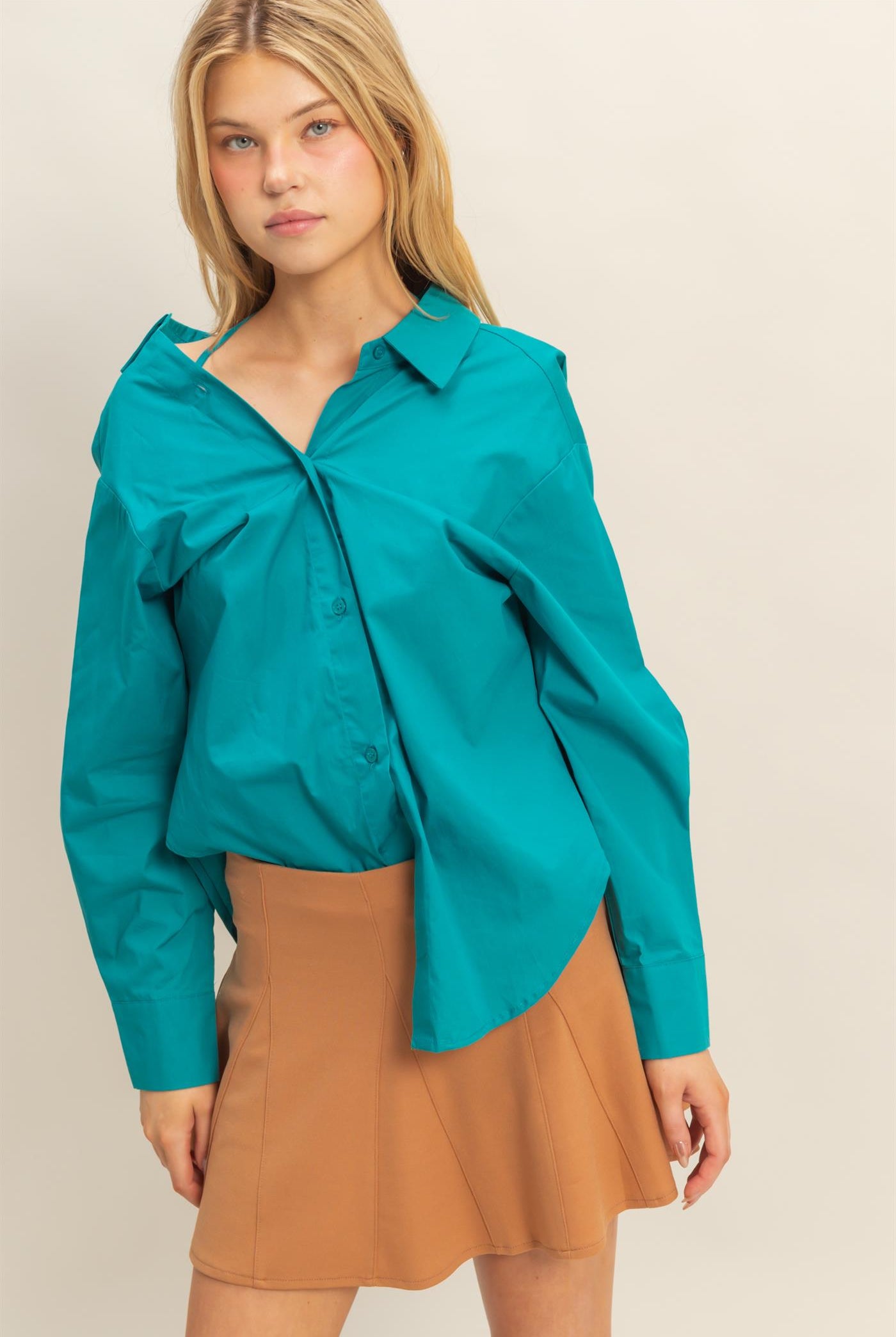 Wholesale Off-The-Shoulder Asymmetrcal Button-Up Shirt Clothing Tops HF22G139 TEAL HYFVE