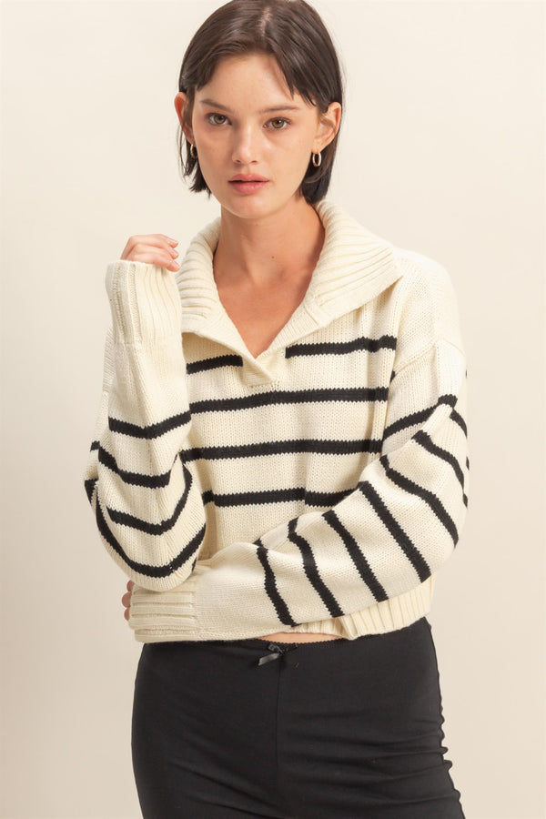 Ribbed Collar Striped Crop Sweater
