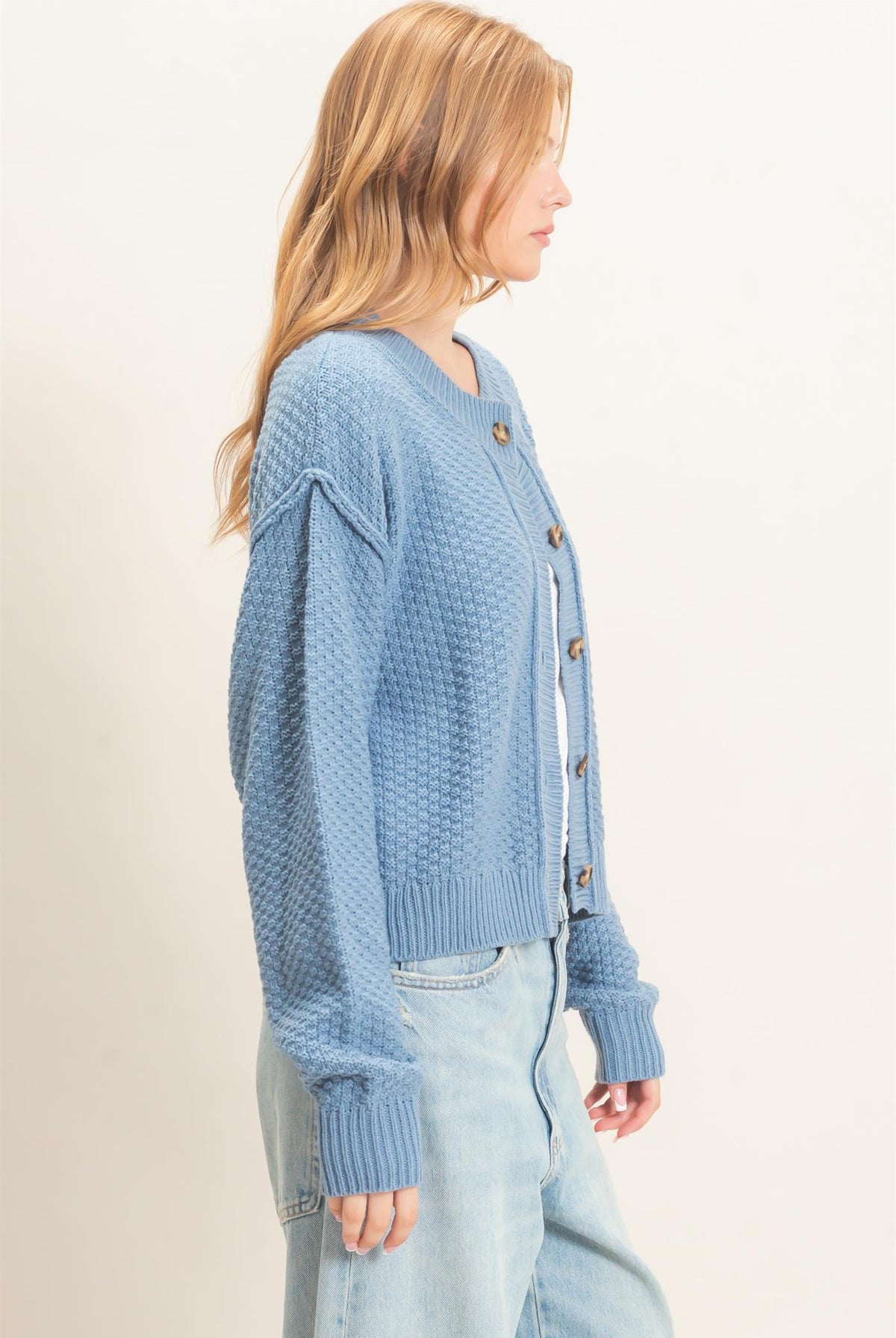 Wholesale Textured Knit Button-Front Cardigan Cardigans HF26C409 BLUE HYFVE