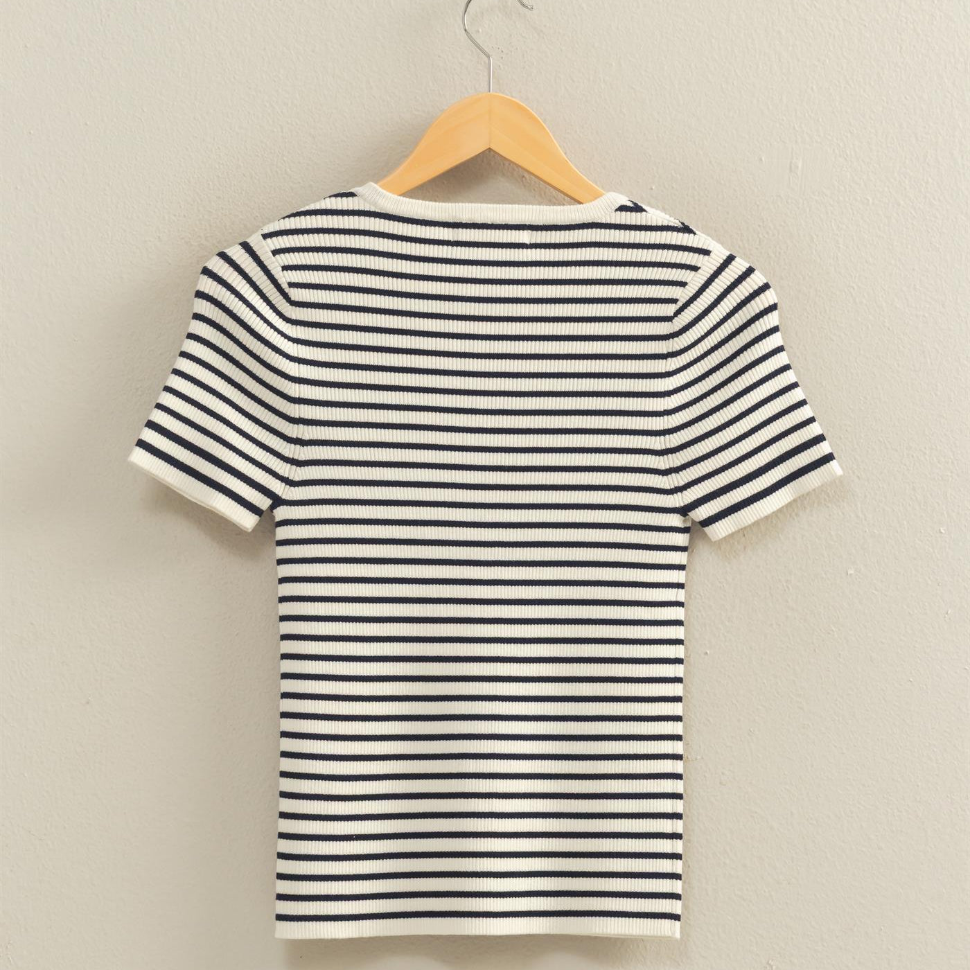 Wholesale Striped Ribbed Short Sleeve Crew Neck Knit Top Clothing Tops DZ26A450 NAVY DOUBLE ZERO