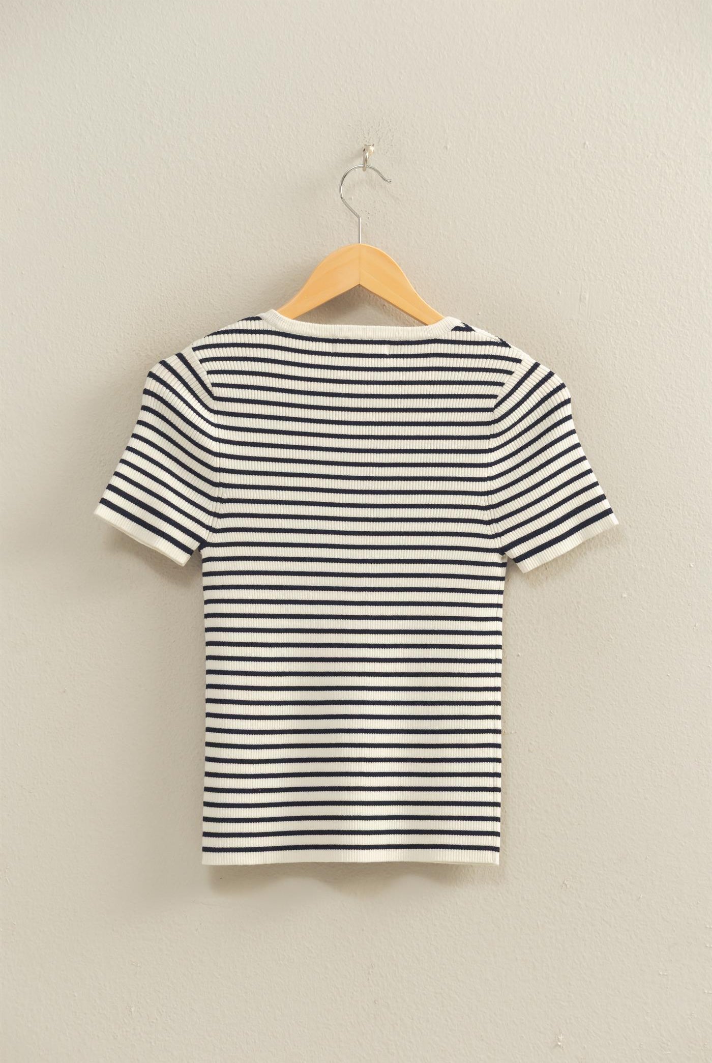 Wholesale Striped Ribbed Short Sleeve Crew Neck Knit Top Clothing Tops DZ26A450 NAVY DOUBLE ZERO