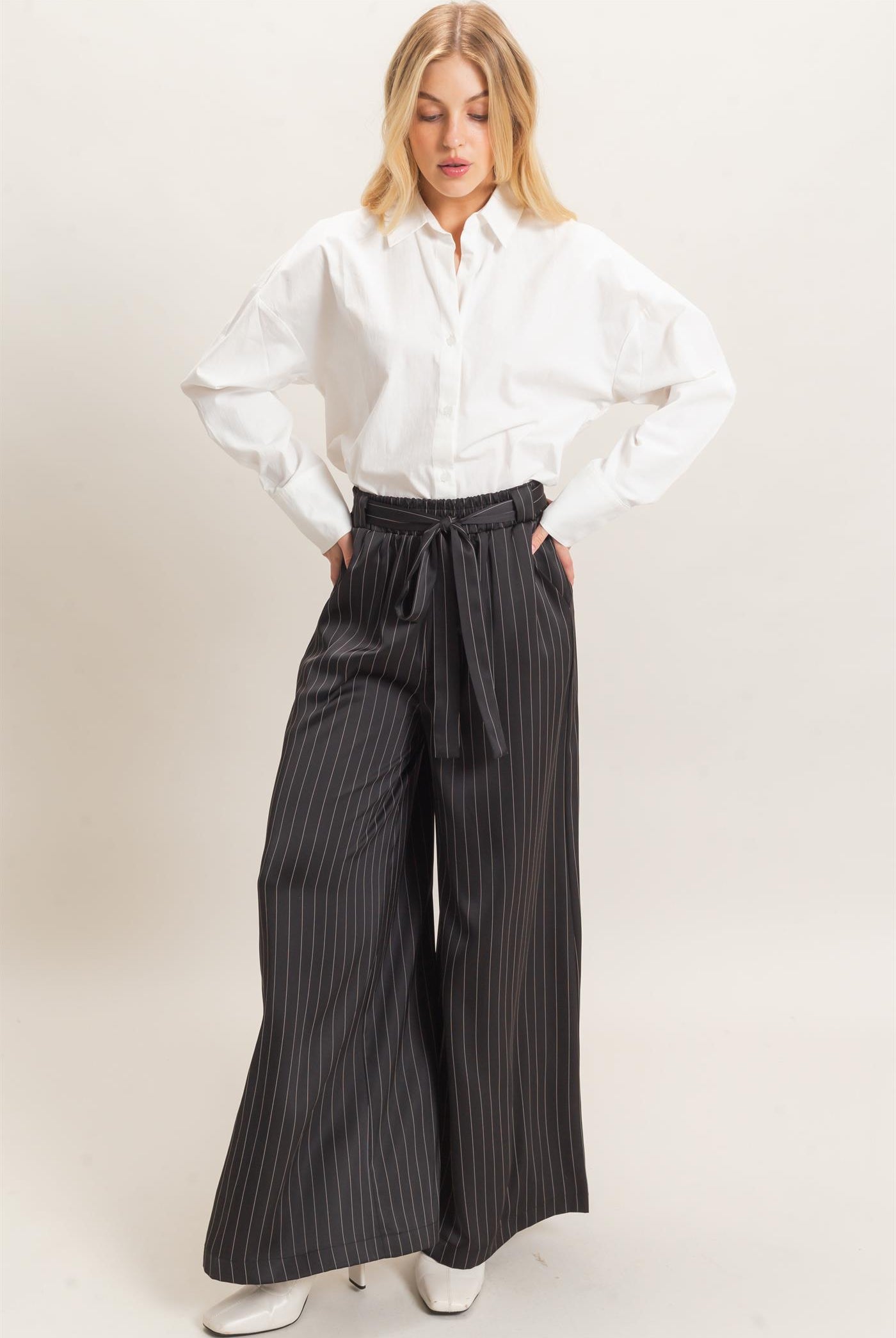 Wholesale Pinstripe Wide-Leg Pants Pants HF25F030 BLACK HYFVE