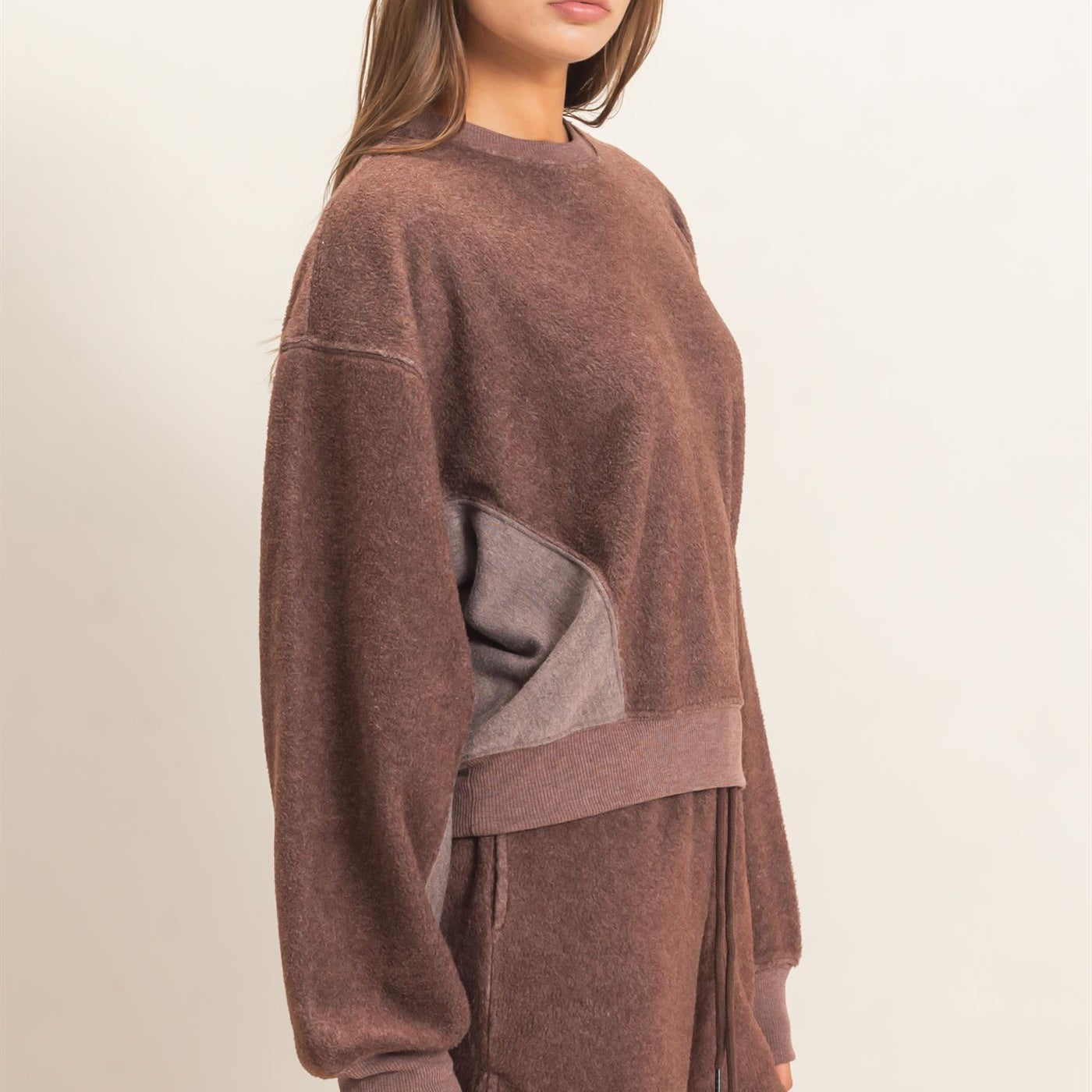 Wholesale Contrast Sweatshirt & Shorts Set Clothing DZ25F478-SET DARK BROWN DOUBLE ZERO