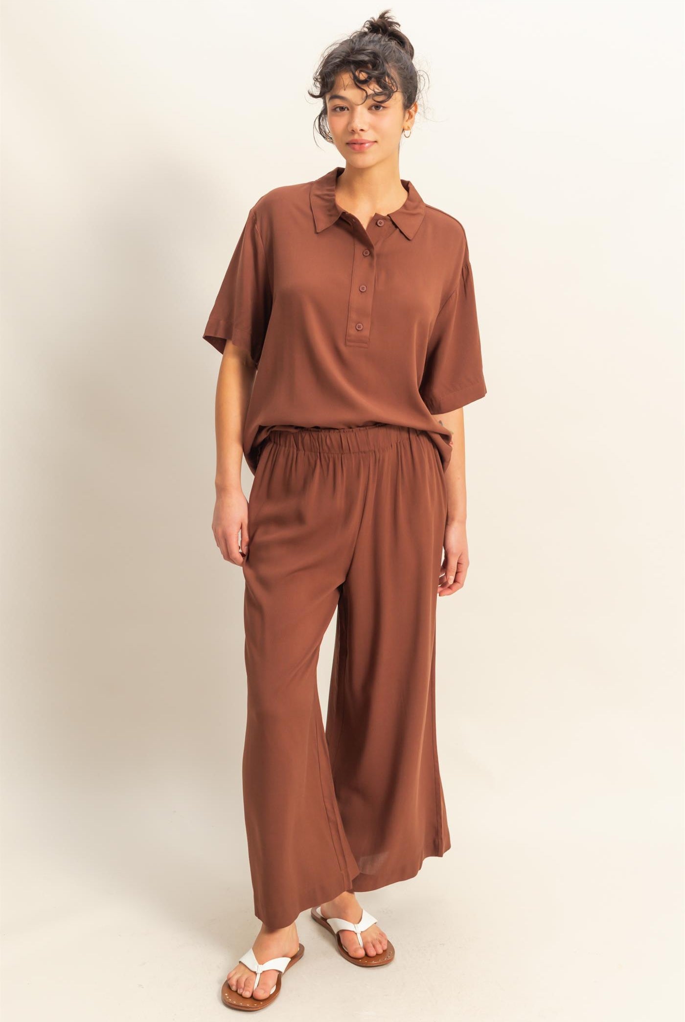 Wholesale High Waist Woven Wide Leg Pants Pants DZ25C192 CHESTNUT DOUBLE ZERO