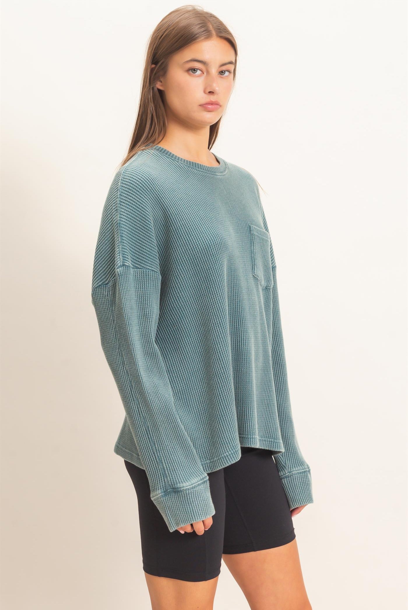 Wholesale Mineral Wash Waffle Long Sleeve Top Clothing Tops DZ26F242 DARK TEAL DOUBLE ZERO