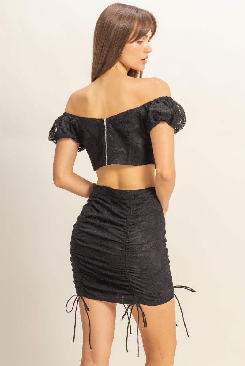 Wholesale Lace Off Shoulder Matching Skirt Set Clothing HF22F439-SET BLACK HYFVE