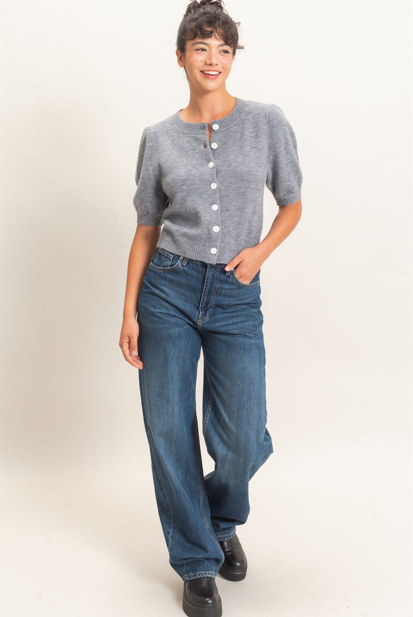 Wholesale Button Front Puff Short Sleeve Cardigan Cardigans DZ26C960 HEATHER GRAY DOUBLE ZERO