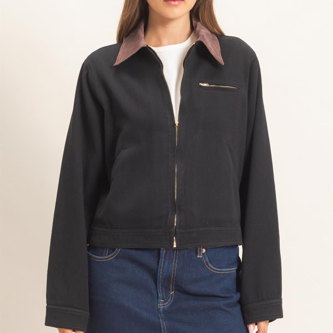 Wholesale Twill Jacket With Corduroy Collar Outerwear HF26E011 BLACK HYFVE