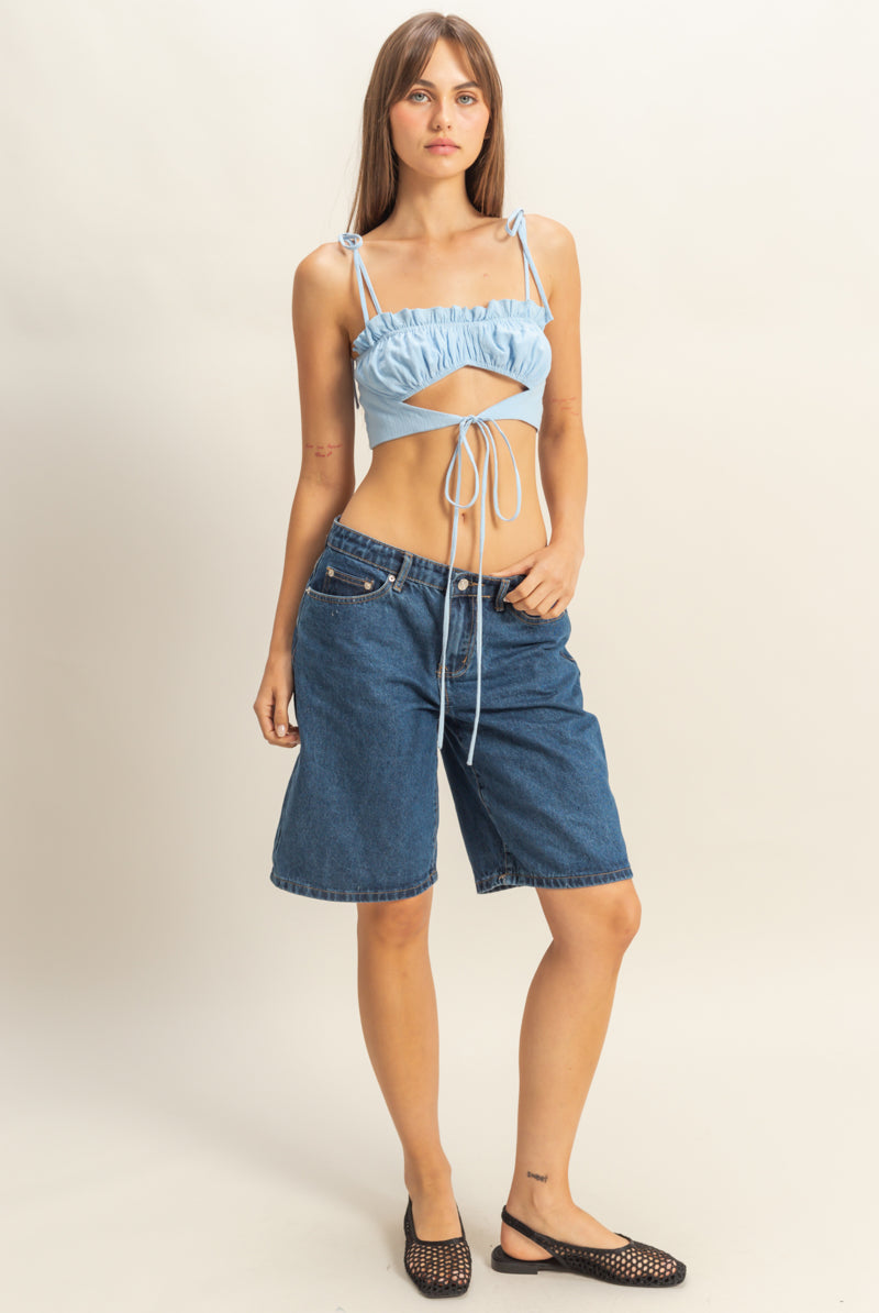 Wholesale Front Cutout Trim Tie Tank Top Clothing Tops HF22E834 BLUE HYFVE