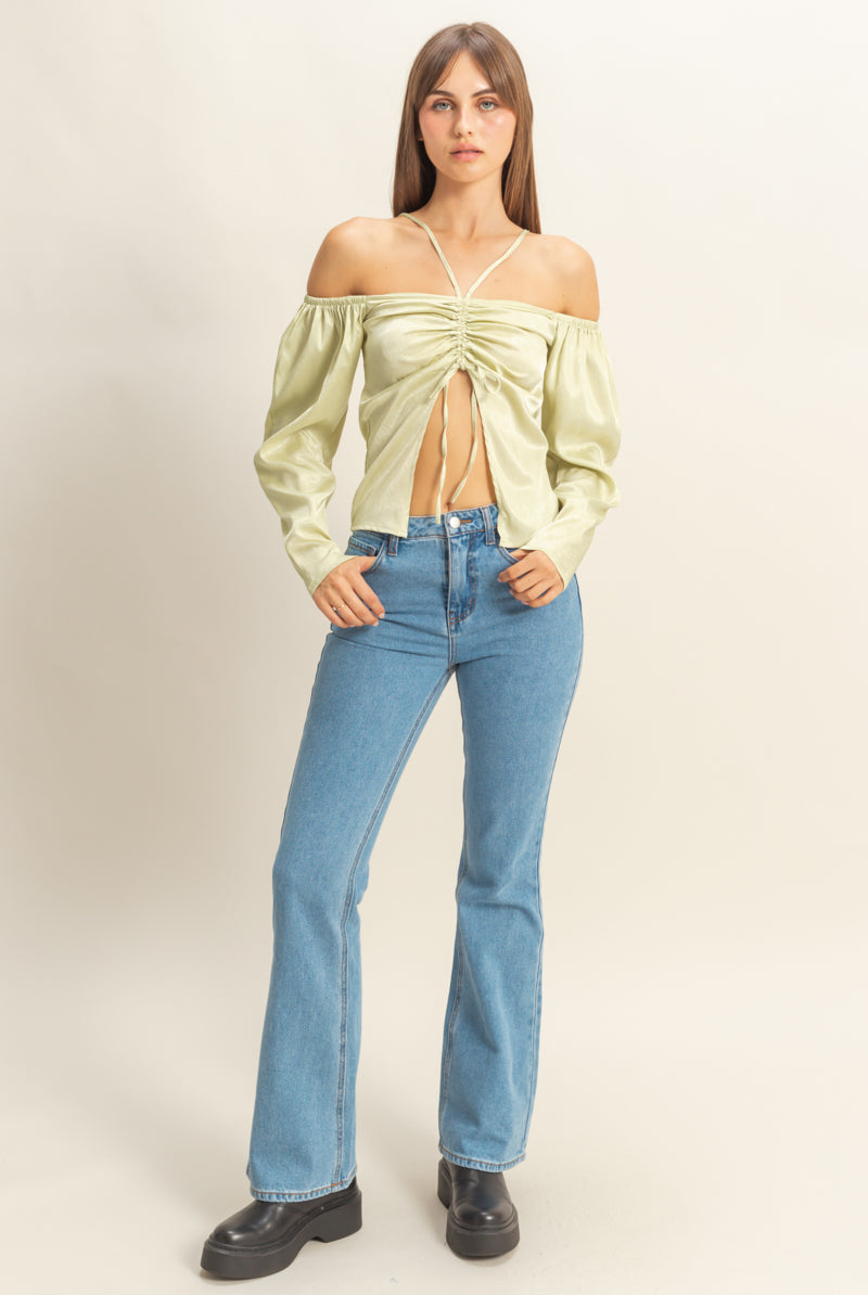 Wholesale Tie-Front Off-Shoulder Blouse Clothing Tops FS22E859 SAGE HYFVE