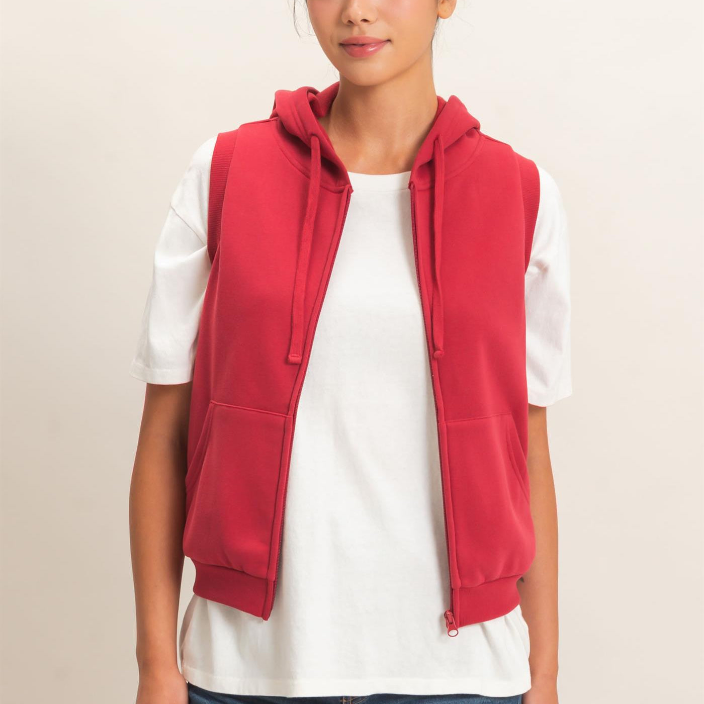 Wholesale Sleeveless Zip Up Hoodie Hoodies DZ26E330 DARK RED DOUBLE ZERO