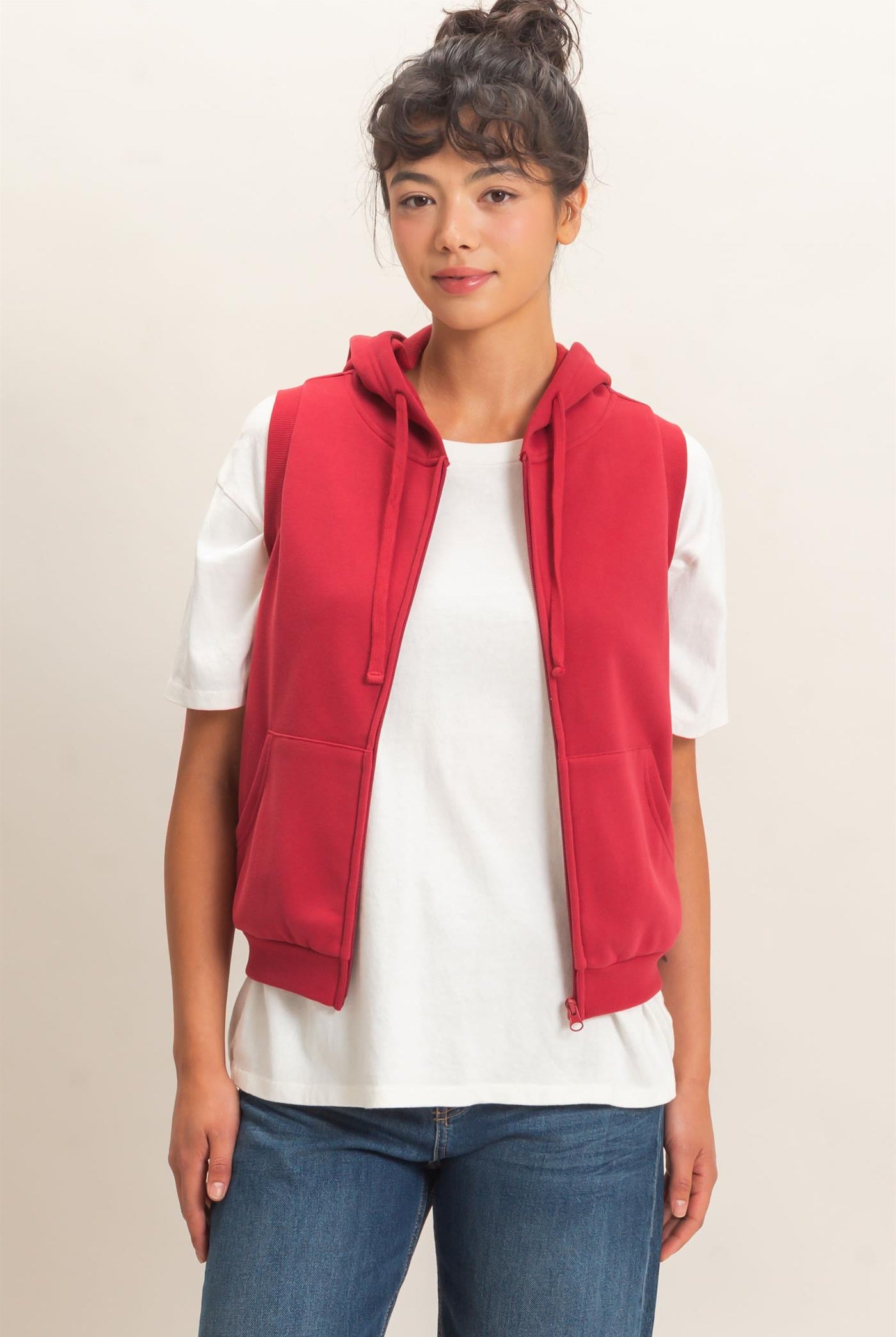 Wholesale Sleeveless Zip Up Hoodie Hoodies DZ26E330 DARK RED DOUBLE ZERO