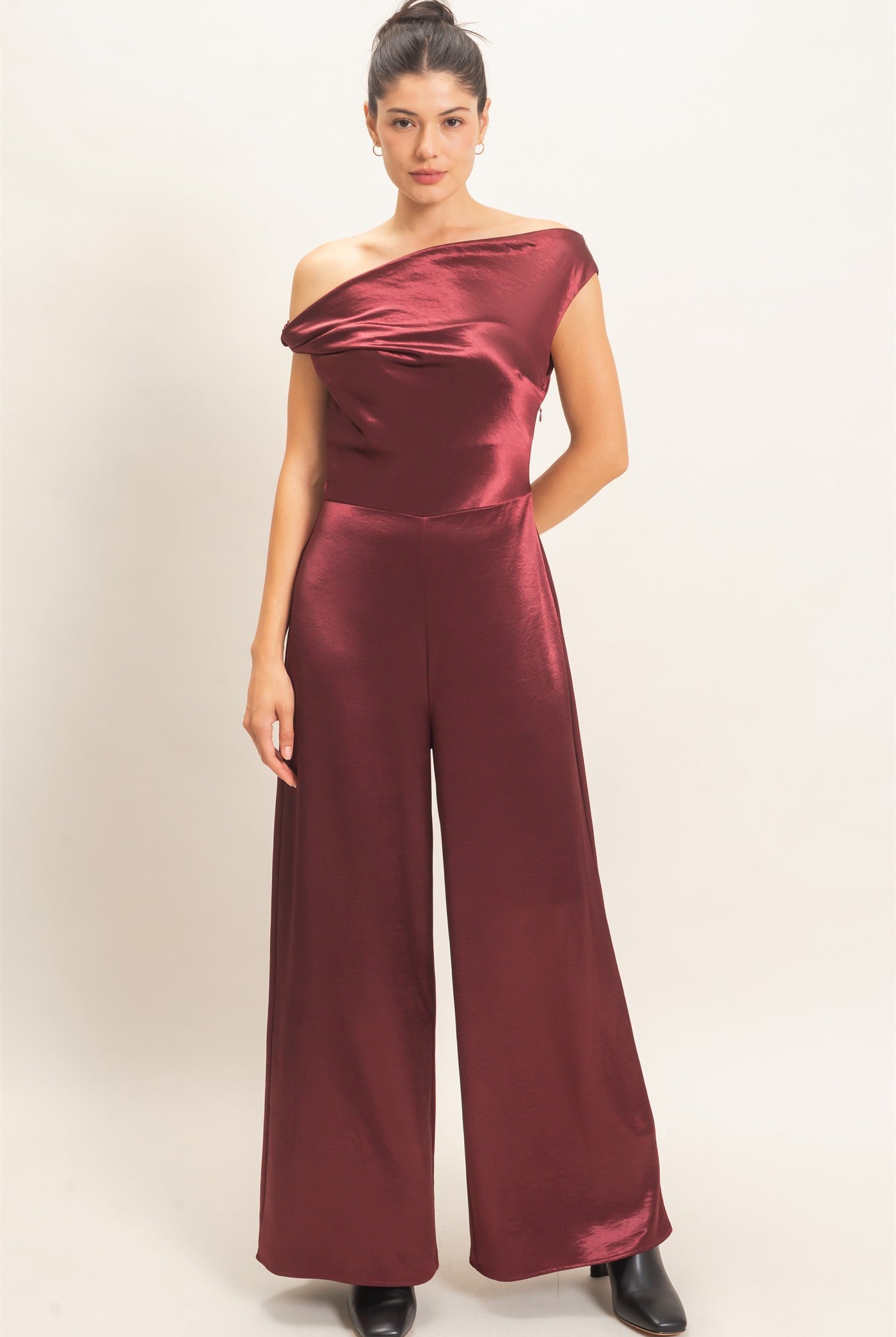 Wholesale Asymmetrical Cowl Neck Wide Leg Jumpsuit Clothing HF26F009 WINE HYFVE