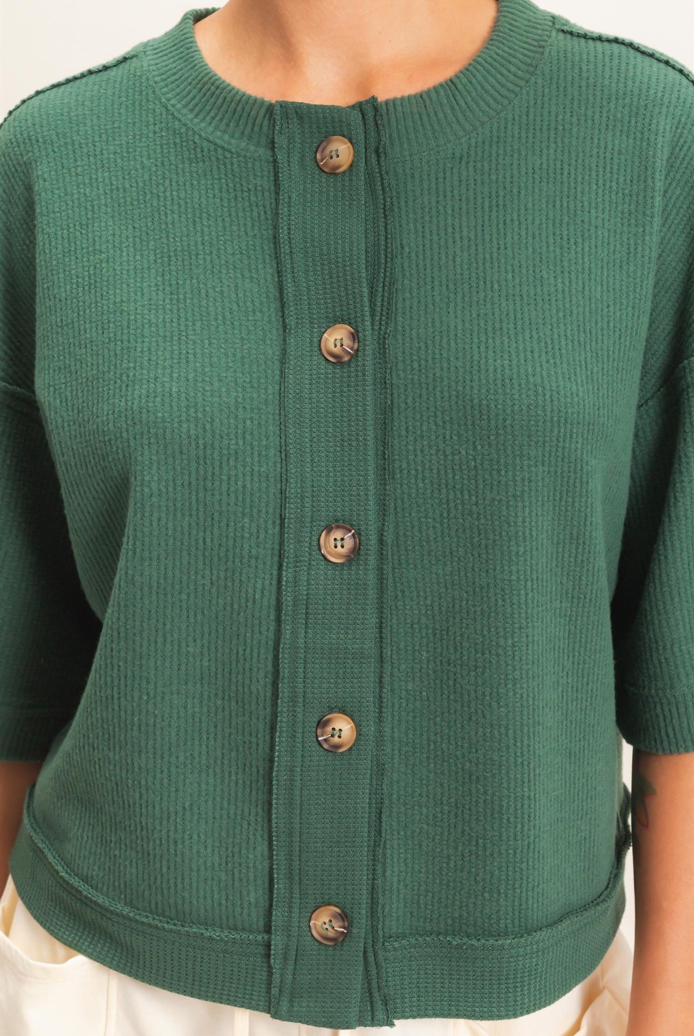 Wholesale Button-Down Short Sleeve Waffle Top Clothing Tops DZ26F244 DARK GREEN DOUBLE ZERO
