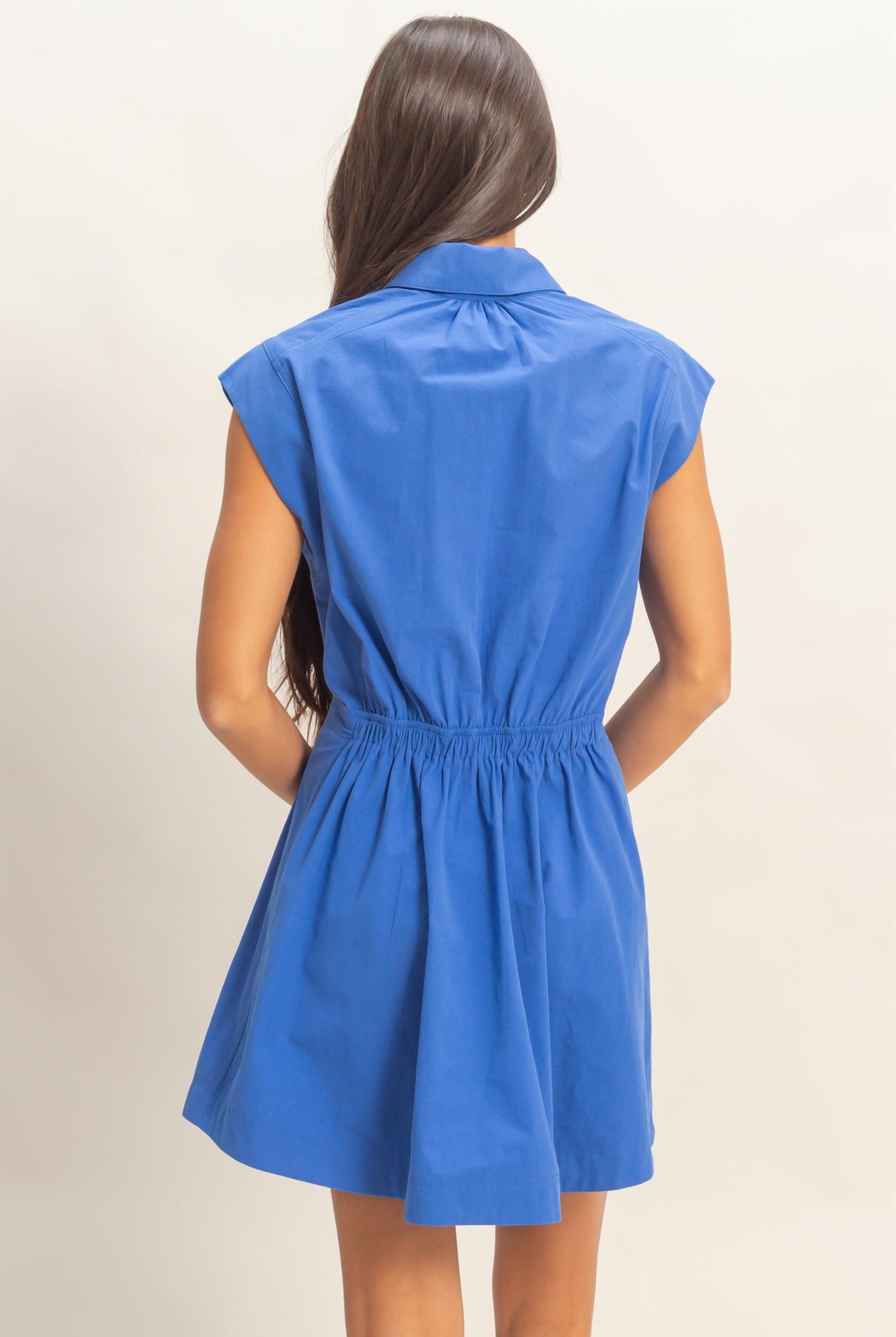 Wholesale Sleeveless Collared Shirred Mini Dress Dresses DZ26A751 COBALT DOUBLE ZERO