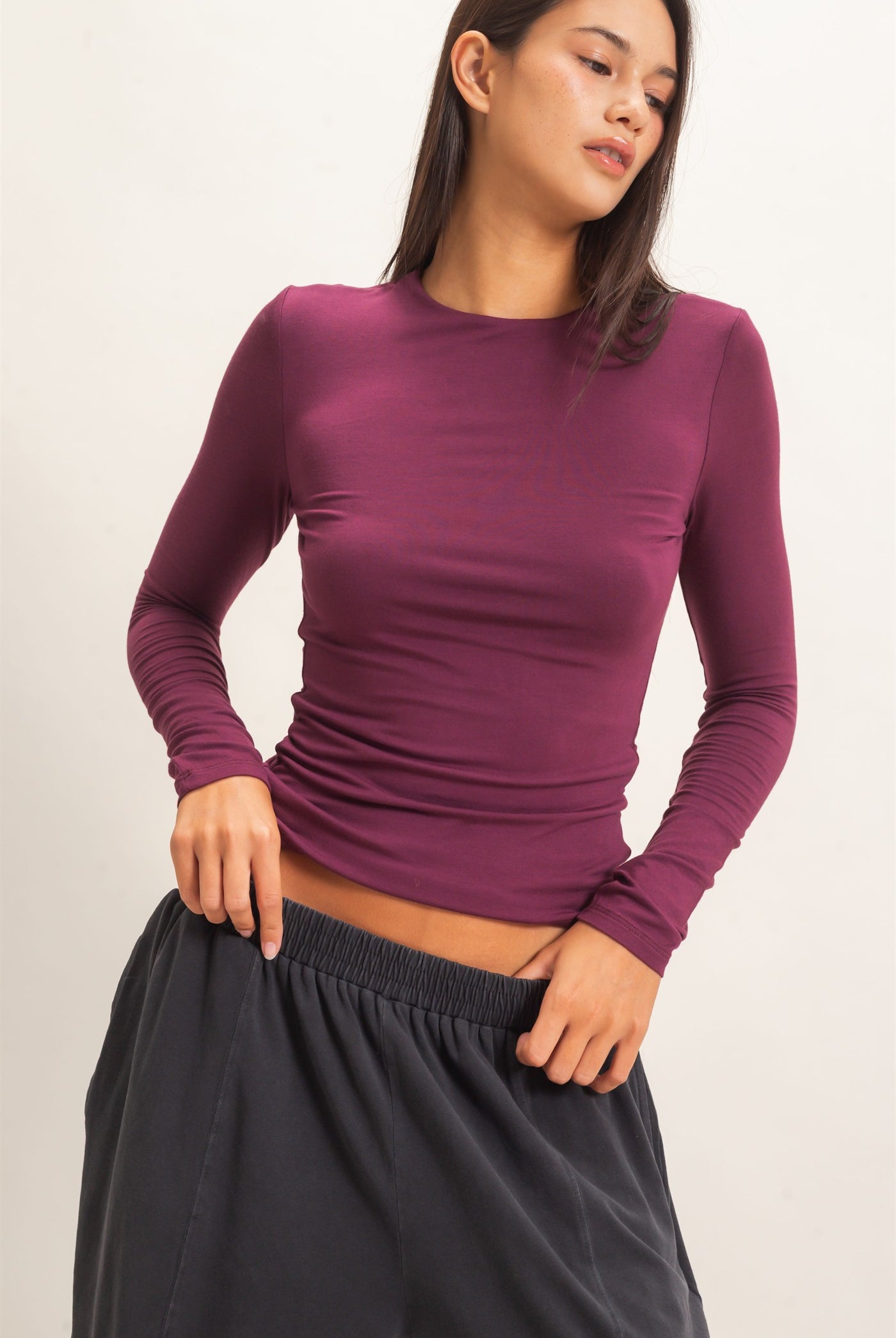 Wholesale Crew Neck Long Sleeve Top Clothing Tops DZ26E978 DARK CHERRY DOUBLE ZERO