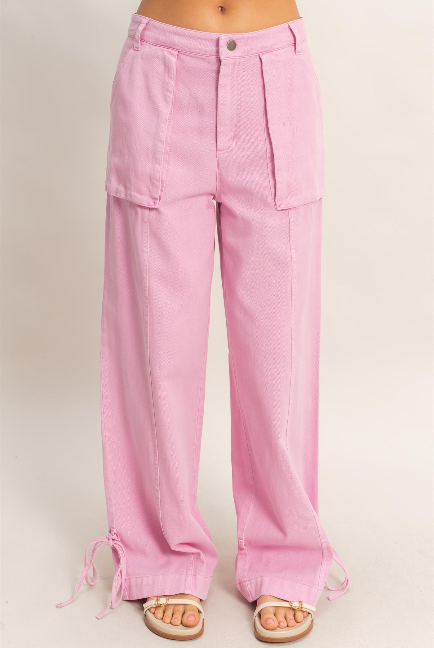 Wholesale High Rise Cargo Pants With Ankle Ties Pants DZ24C156 PINK DOUBLE ZERO