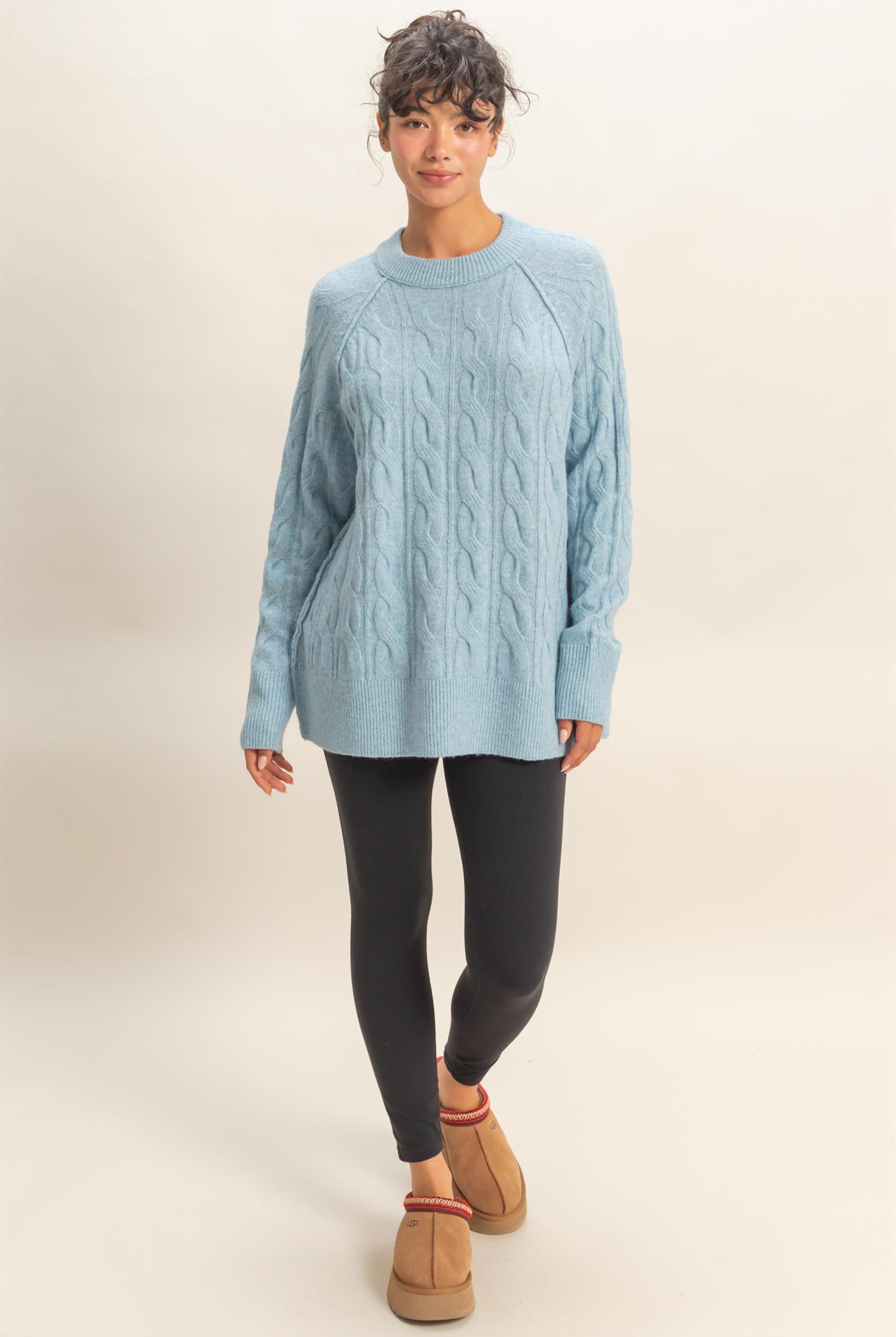 Wholesale Crew Neck Cable Knit Sweater Pullover Sweaters DZ25E957 SKY BLUE HYFVE