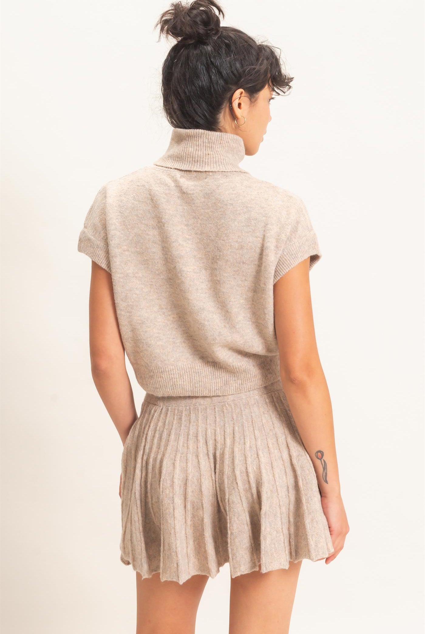 Wholesale Turtleneck Crop Top And Pleated Skirt Set Clothing DZ26C981-SET DARK TAUPE DOUBLE ZERO