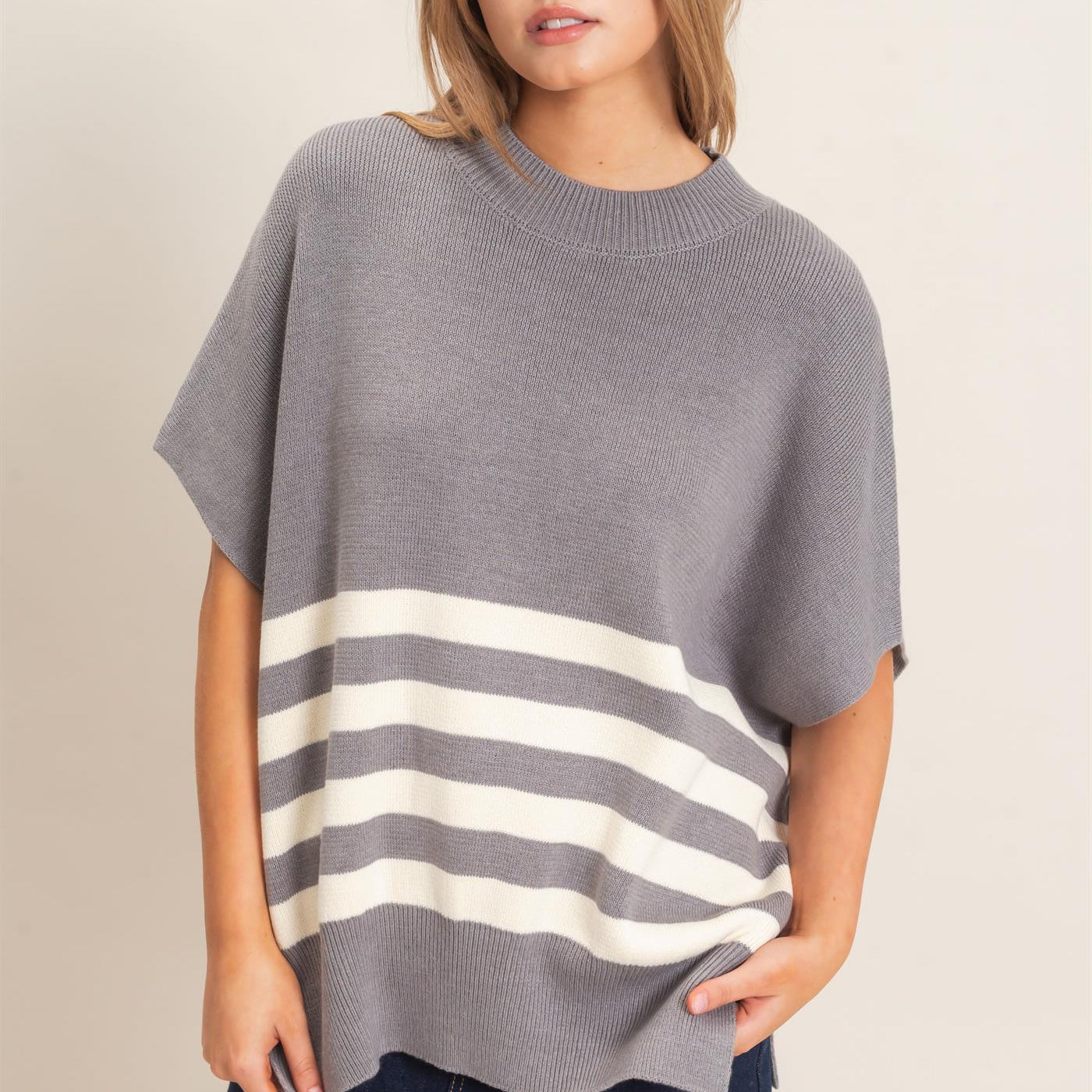 Wholesale Striped Ribbed Crew Neck Sweater Sweaters HF26E350-D GRAY HYFVE