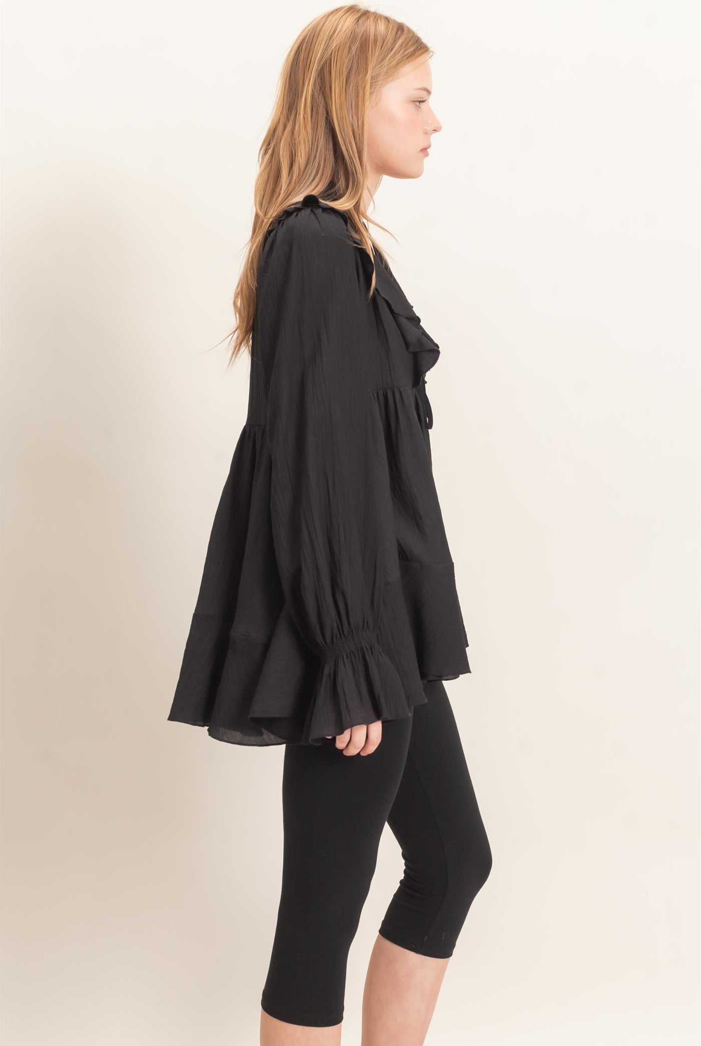 Wholesale Ruffle Lace Tie Neck Blouse Tunics HF26E642 BLACK HYFVE