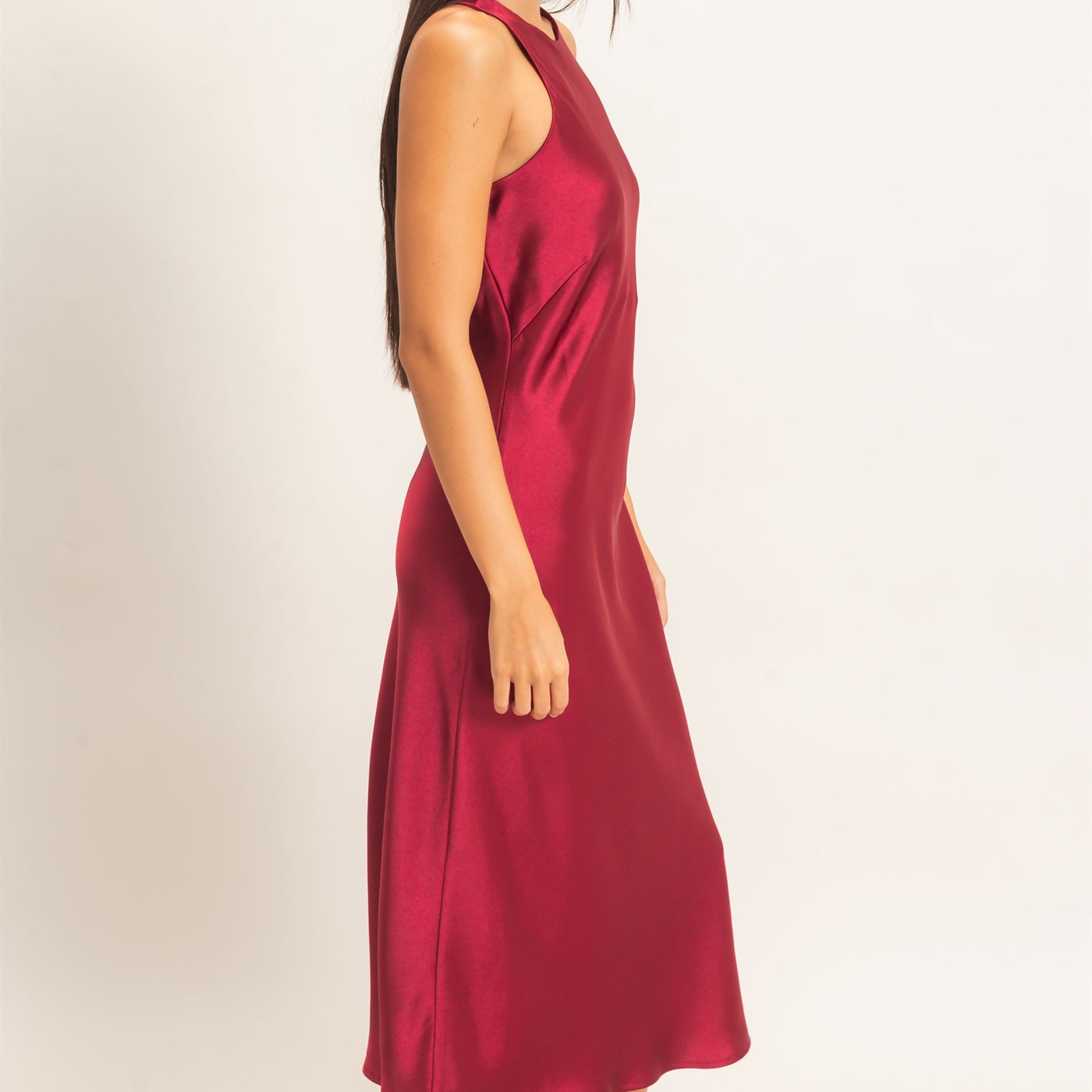 Wholesale Sleeveless Satin Midi Dress Dresses DZ26E257 BURGUNDY DOUBLE ZERO