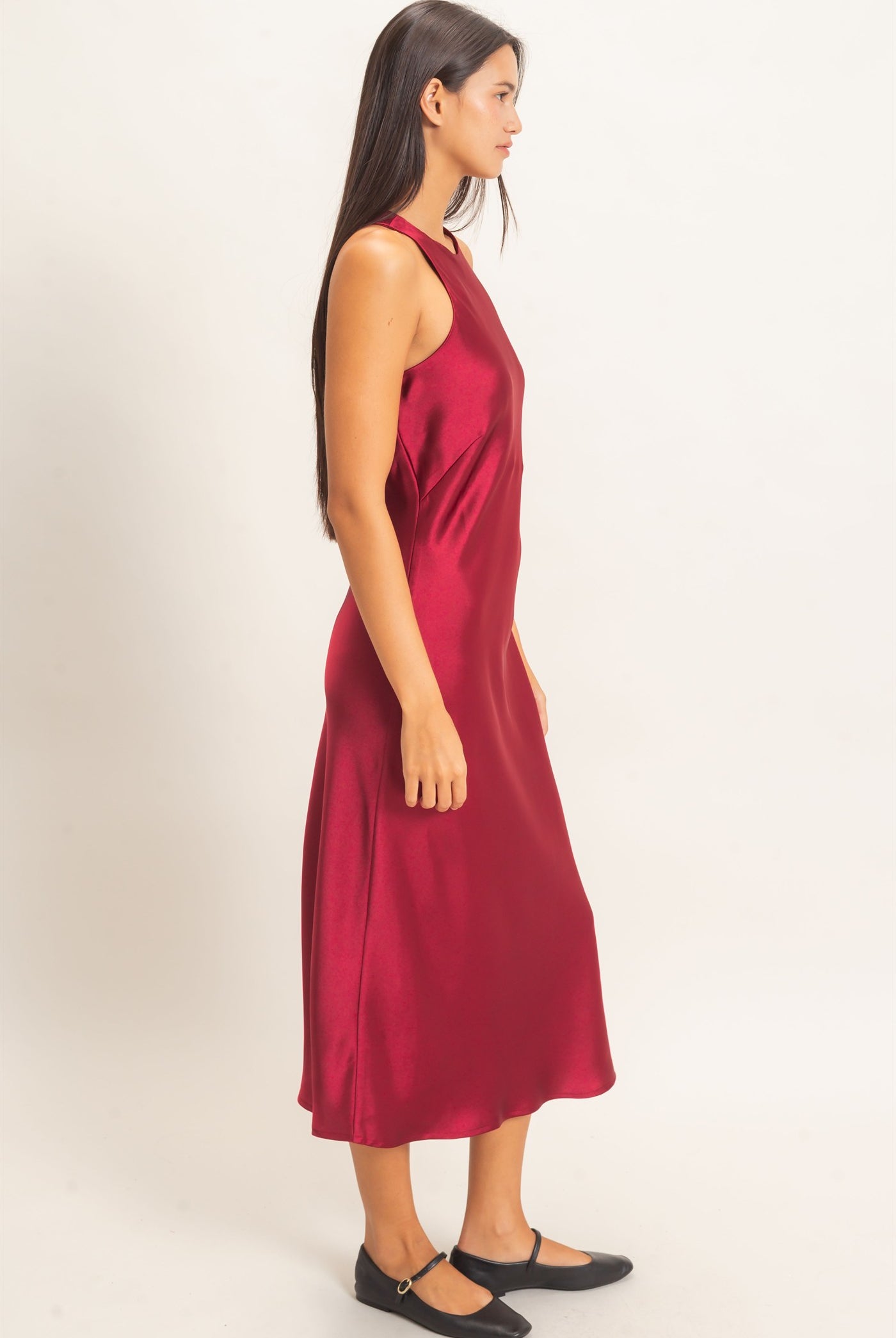 Wholesale Sleeveless Satin Midi Dress Dresses DZ26E257 BURGUNDY DOUBLE ZERO