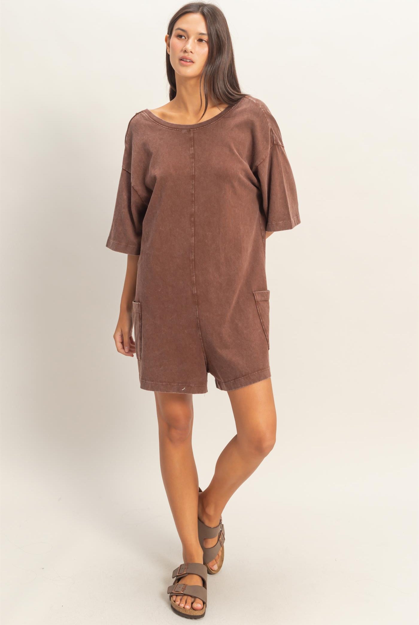 Wholesale Mineral Washed V-Back Romper Clothing DZ26A326 CHOCOLATE HYFVE