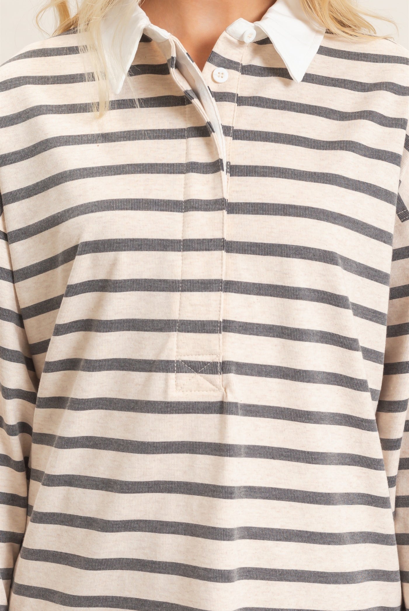 Wholesale Striped Polo Long Sleeve Top Clothing Tops HF26F078 GRAY/ECRU HYFVE