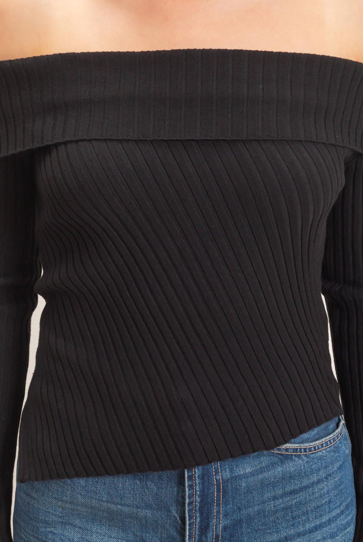 Wholesale Ribbed Off-Shoulder Sweater Sweaters HF26E937 BLACK HYFVE