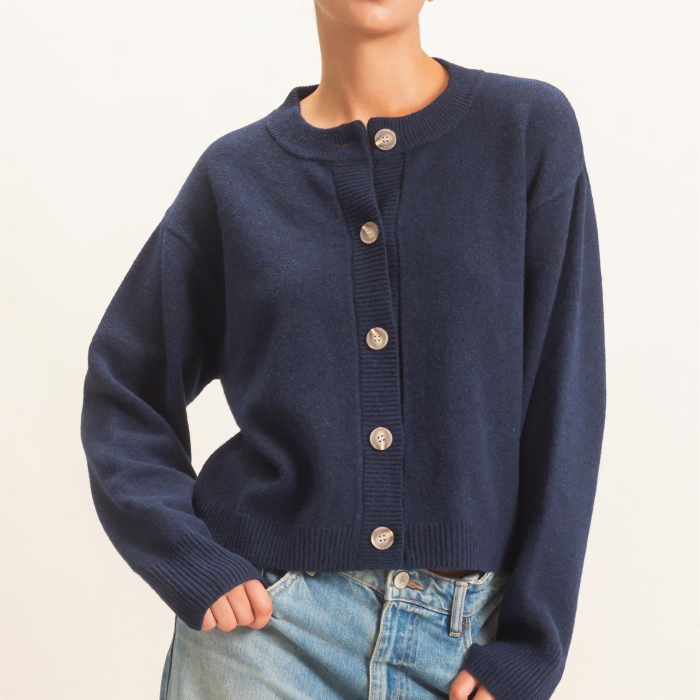 Wholesale Crew Neck Button Front Cardigan Cardigans DZ26E639 NAVY DOUBLE ZERO