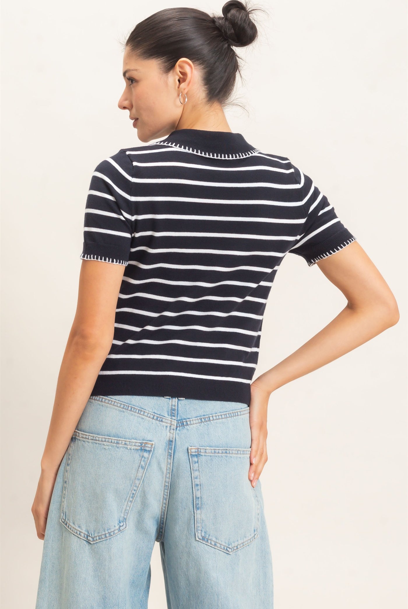 Wholesale Striped Polo Collar Sweater Sweaters HF26E233 NAVY HYFVE
