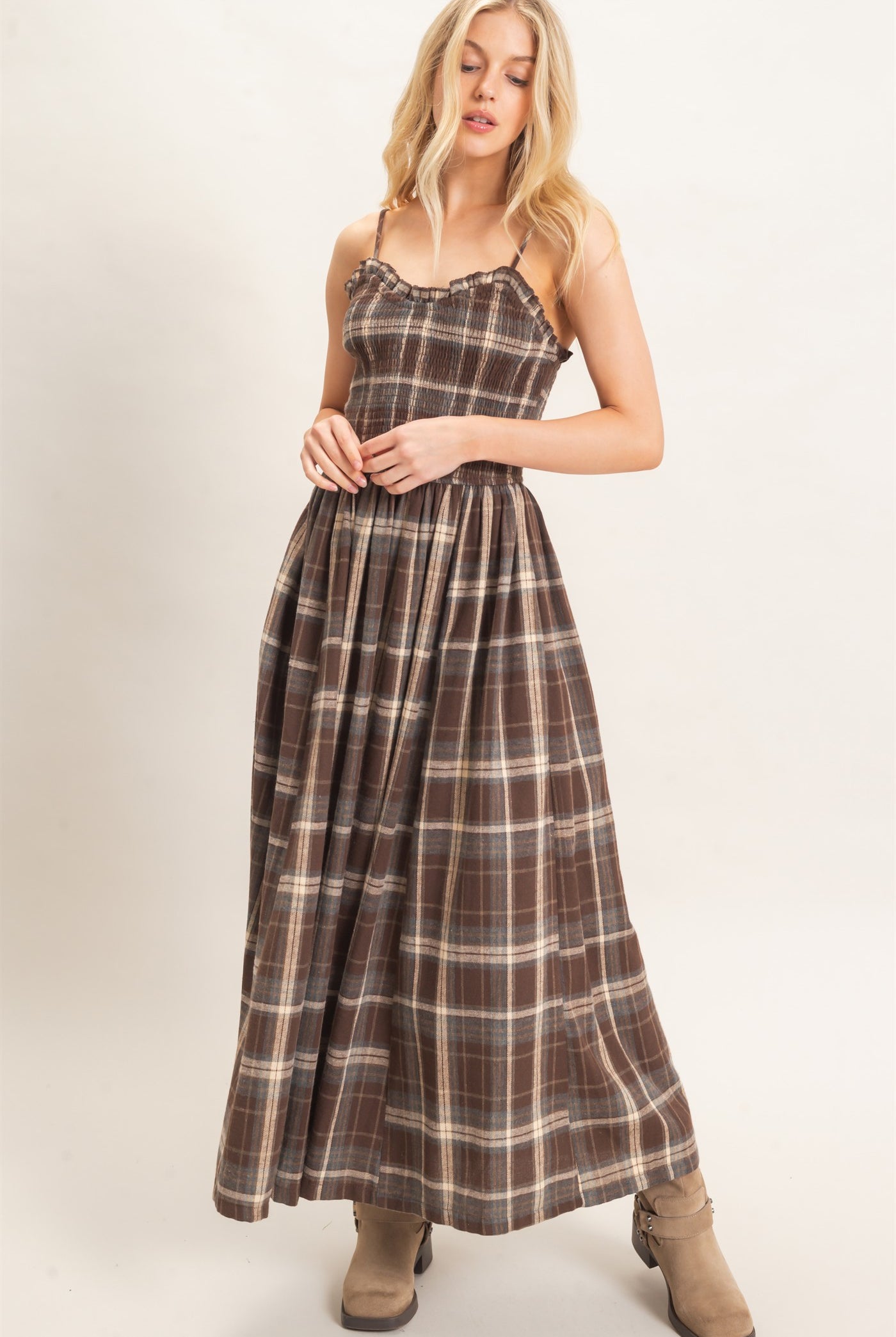Wholesale Plaid Smocked Maxi Dress Dresses HF26C898 BROWN HYFVE
