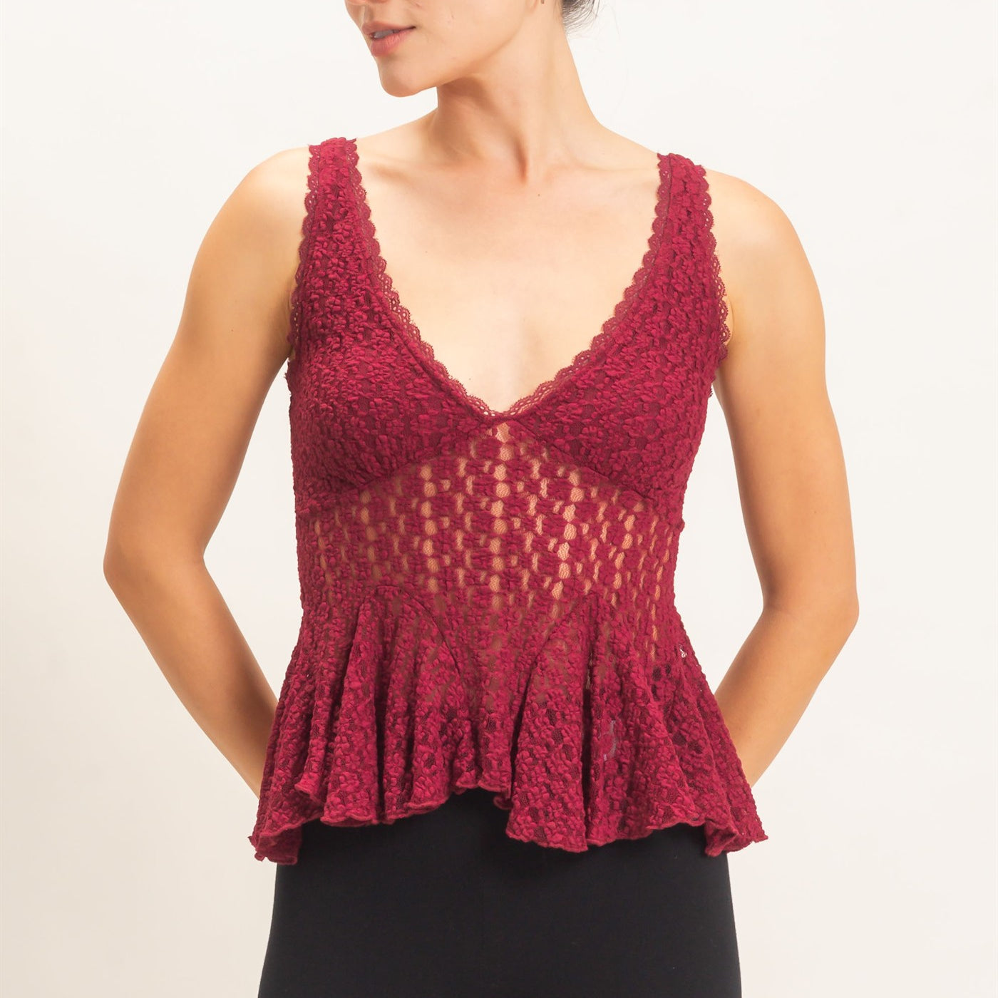 Wholesale Lace V-Neck Peplum Top Clothing Tops HF26E088 BURGUNDY HYFVE