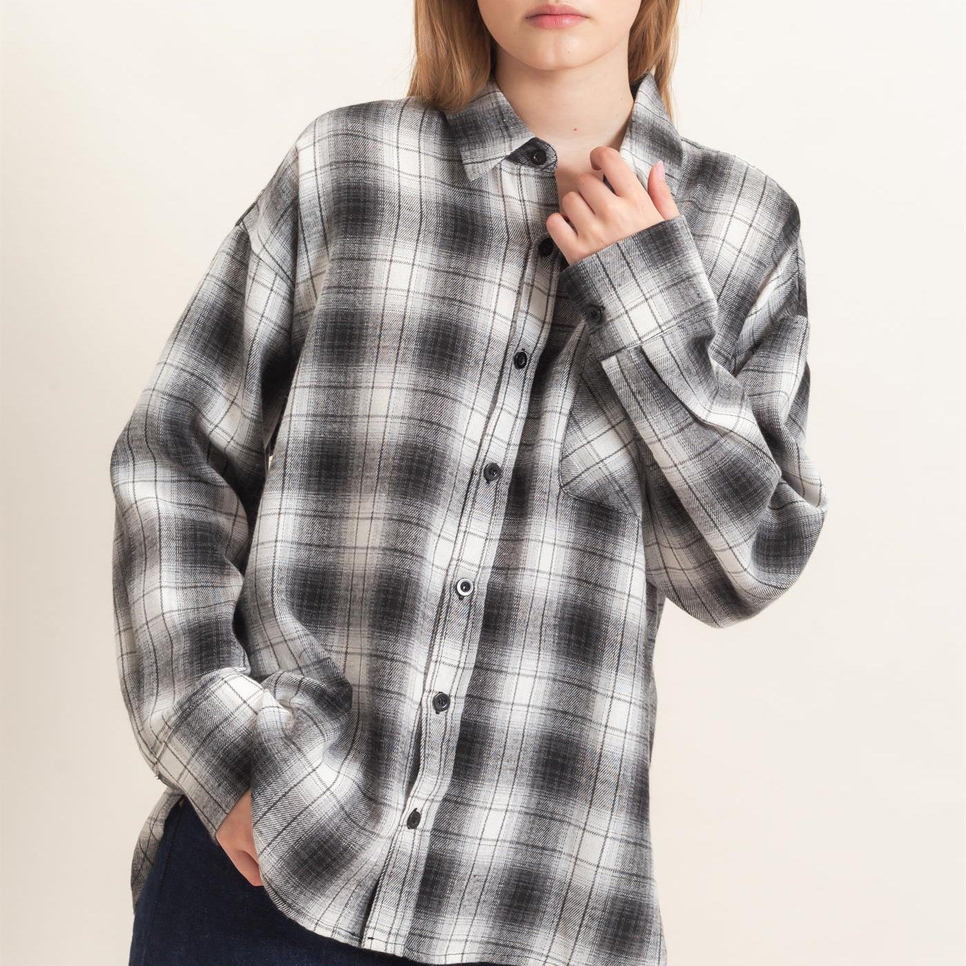 Wholesale Plaid Button-Up Shirt Clothing Tops HF26F017 BLACK HYFVE