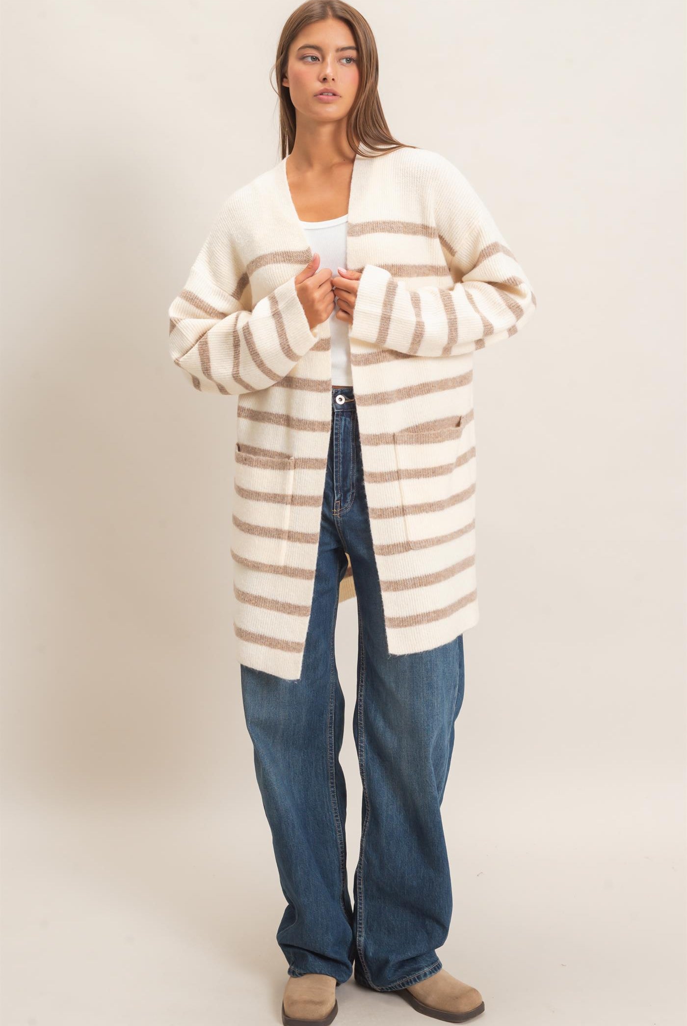 Wholesale Open Front Stripe Cardigan Cardigans DZ26C342 SAND DOUBLE ZERO