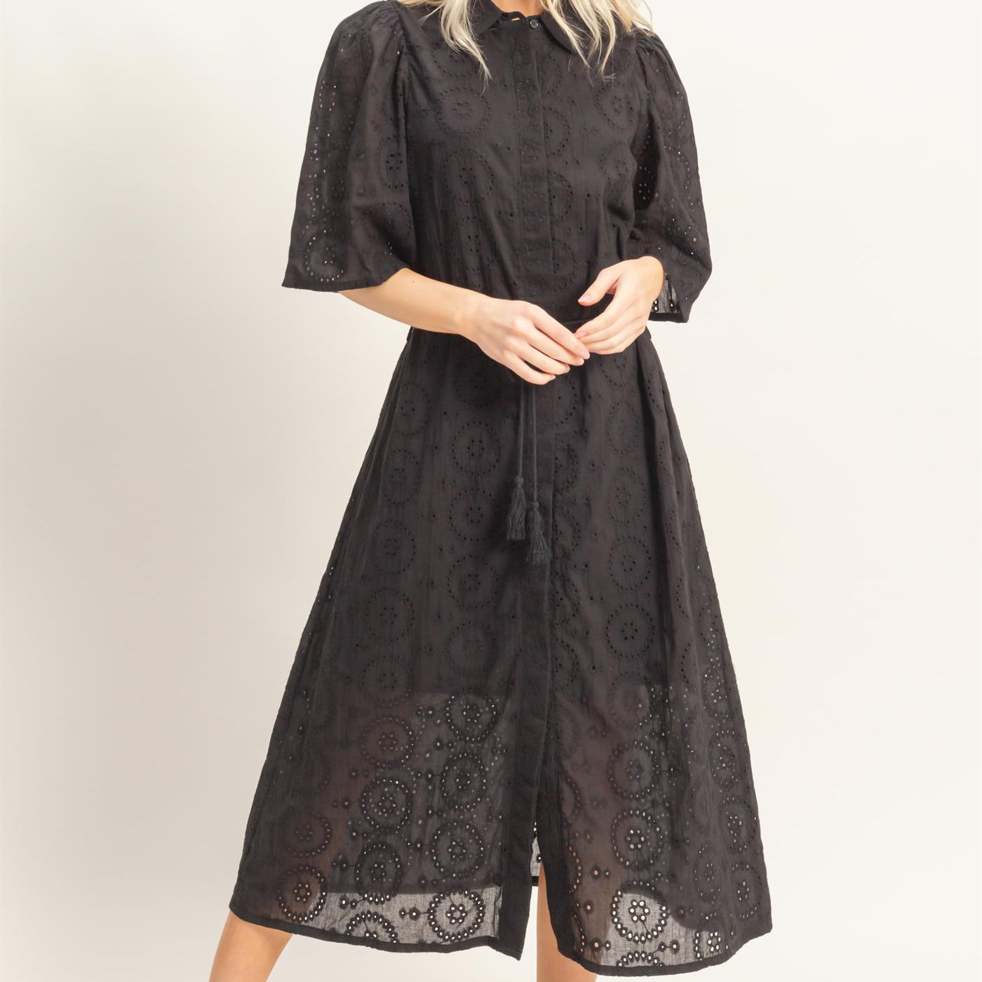 Wholesale Eyelet Collared Midi Dress Dresses HF26A021 BLACK HYFVE