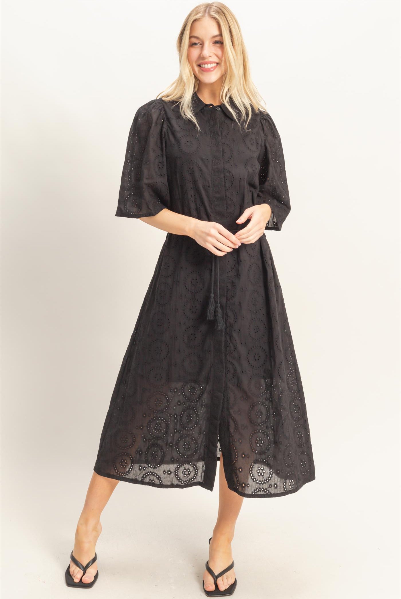 Wholesale Eyelet Collared Midi Dress Dresses HF26A021 BLACK HYFVE