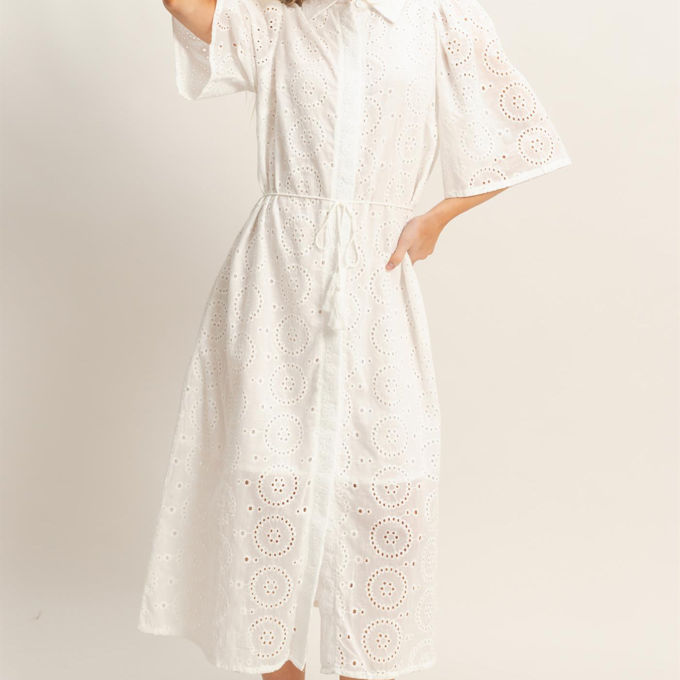 Wholesale Eyelet Collared Midi Dress Dresses HF26A021 WHITE HYFVE