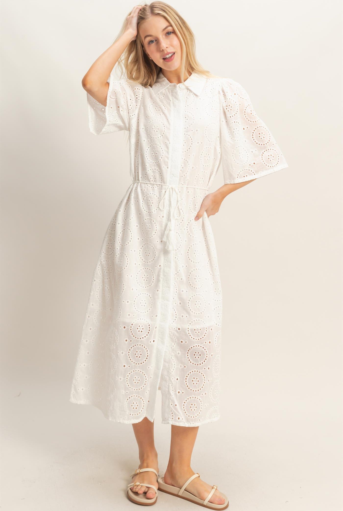 Wholesale Eyelet Collared Midi Dress Dresses HF26A021 WHITE HYFVE