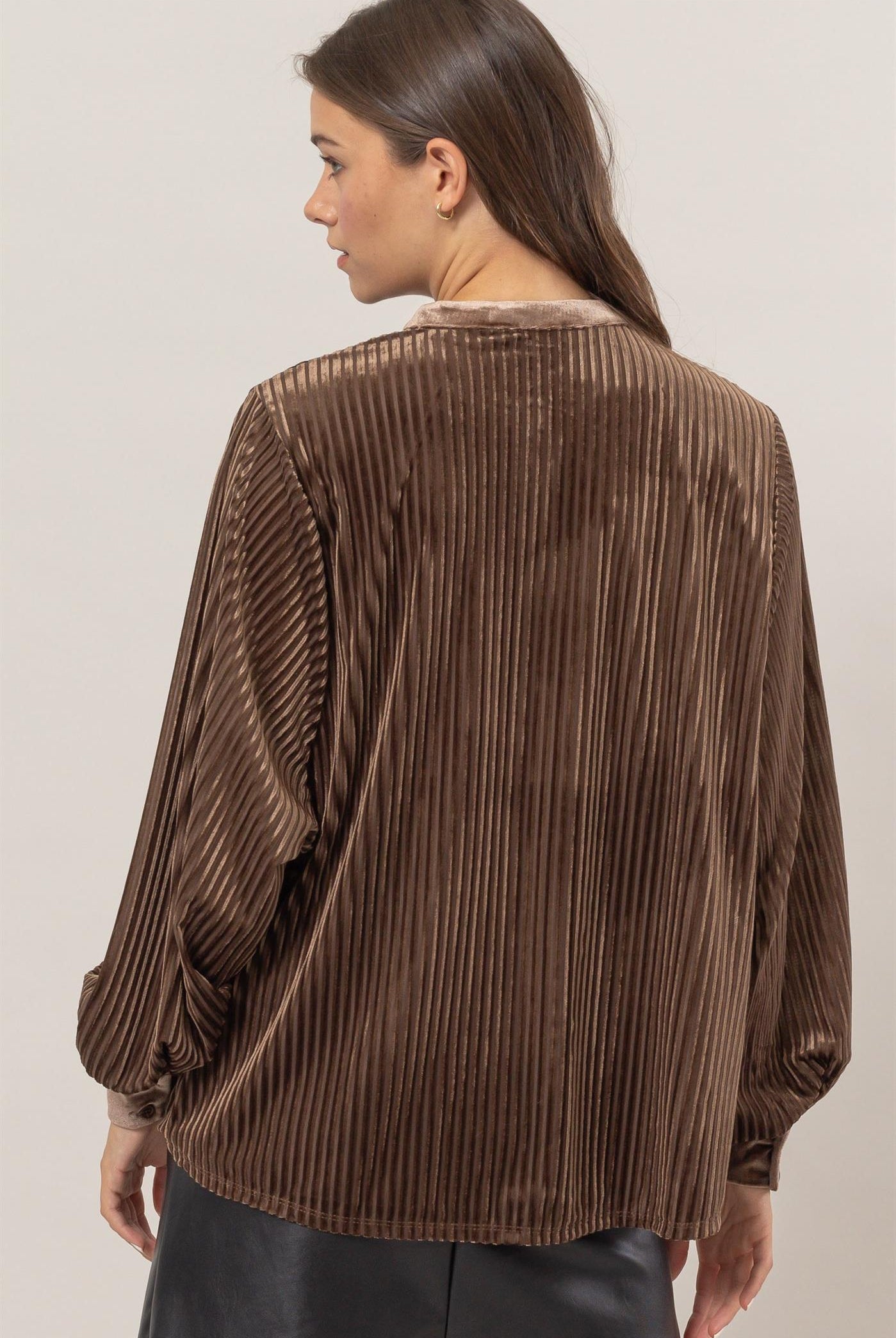 Wholesale Velvet Striped Blouse Blouses HF24F968 BROWN HYFVE