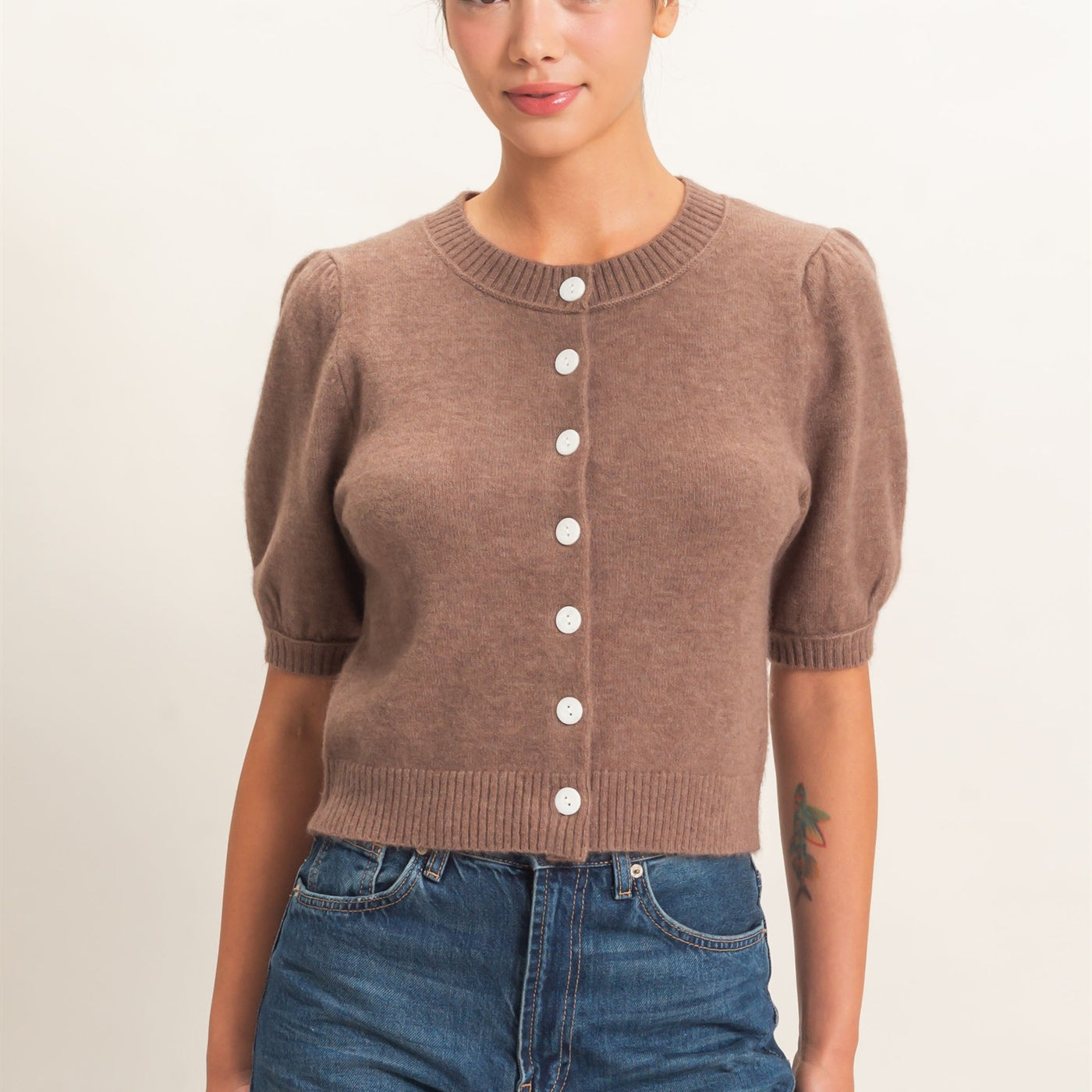 Wholesale Button Front Puff Short Sleeve Cardigan Cardigans DZ26C960 ASH BROWN DOUBLE ZERO