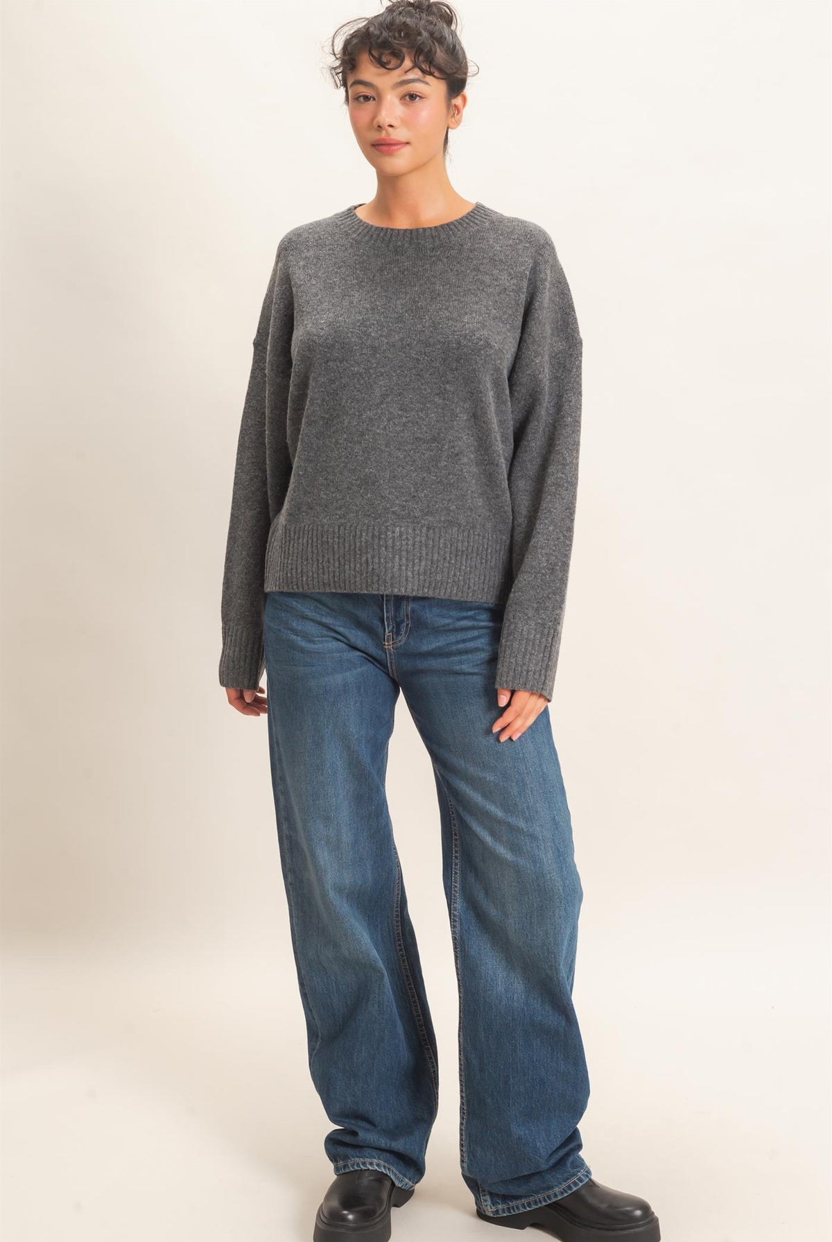 Wholesale Relaxed Fit Crew Neck Sweater Sweaters DZ26E956 CHARCOAL DOUBLE ZERO